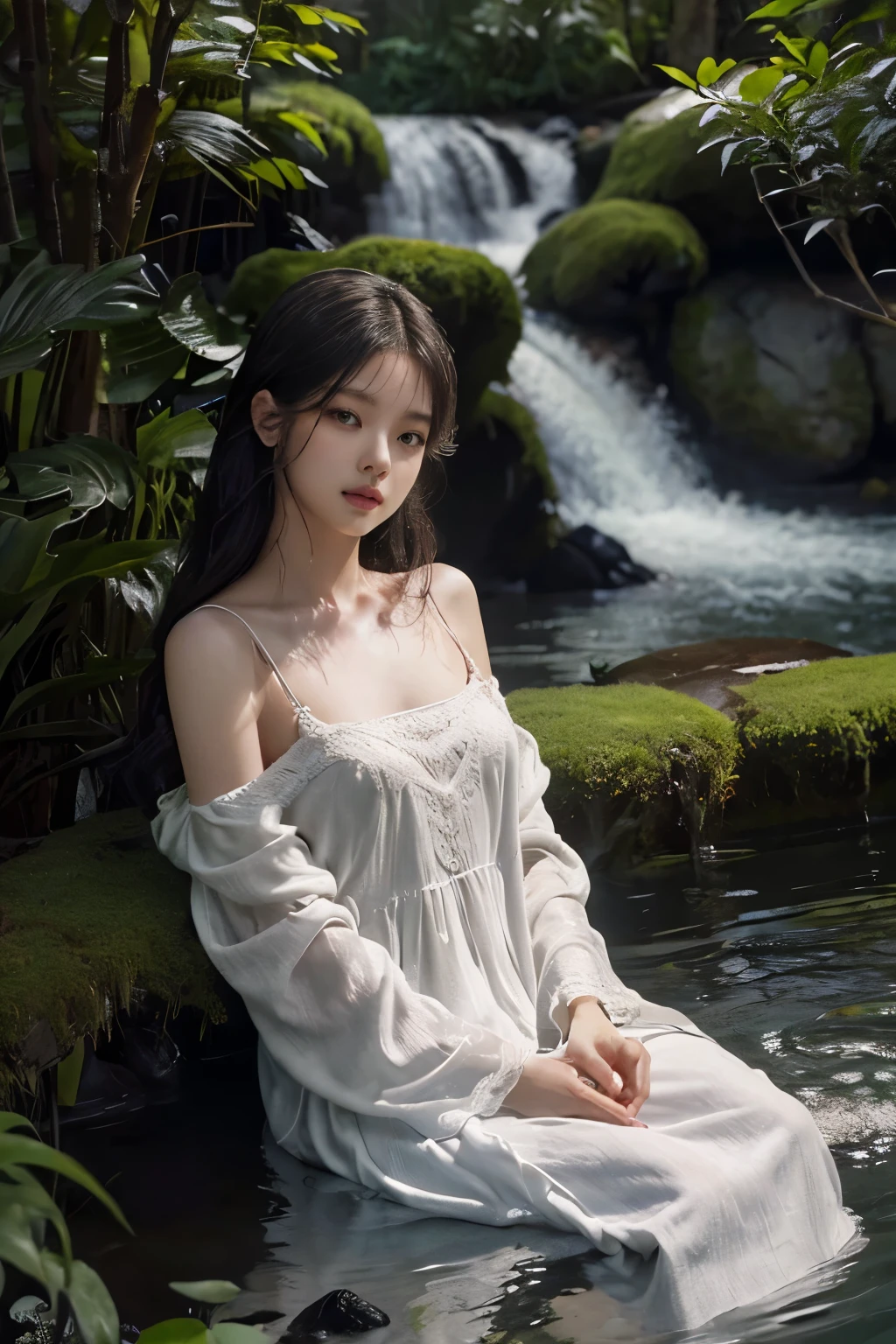 Japanese and Korean beauties,18 years old,pure and cute,16K HD is realistic,photo quality,delicate face,fascinating eyes,double eyelid,long eyelashes,sensuous lips,slim and slim,White skin,realistic slim five fingers,In the background garden,spring in the mountains,waterfall,heavenly beauty