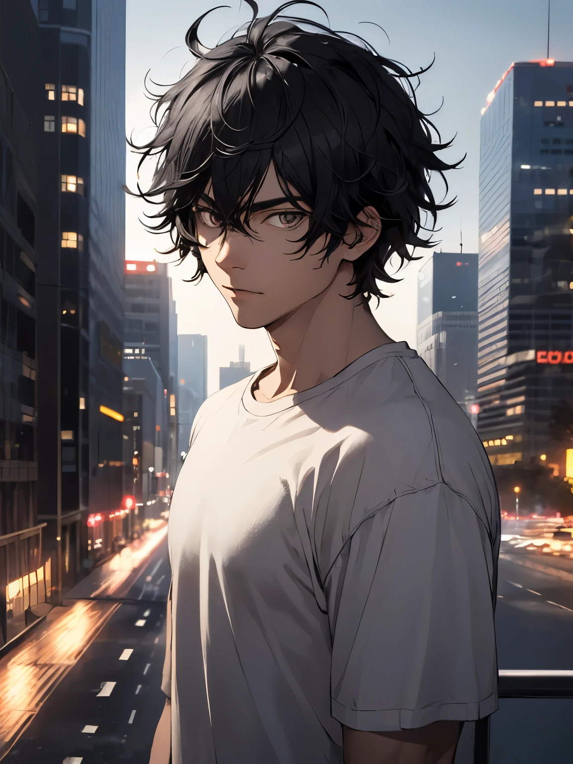 ((Man)), ((black hair)), ((messy hair)), short hair, ((silver eyes)), black shirt, night city in background,
