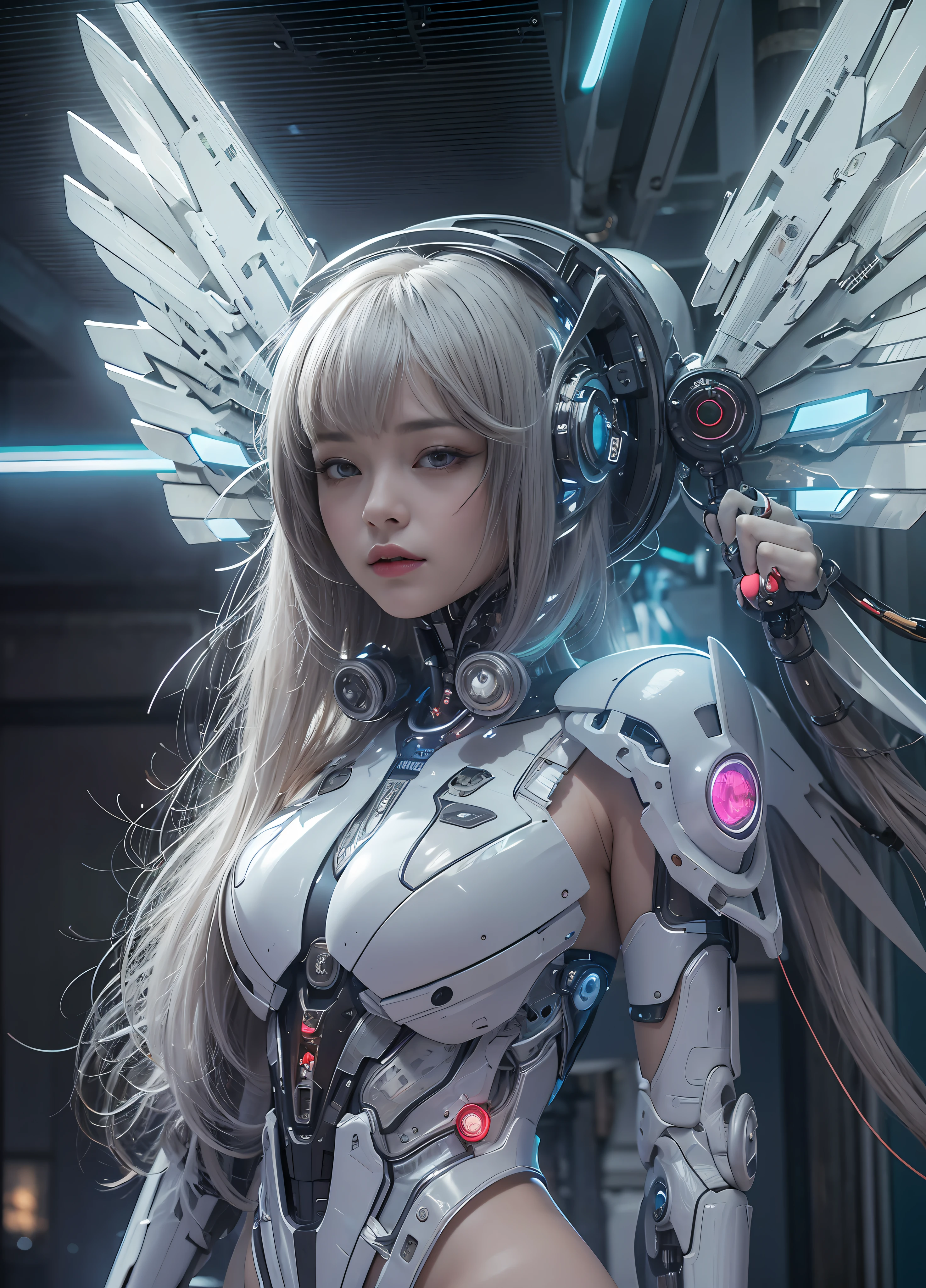 top quality、the masterpiece、Super high resolution、(Photorealistic:1.4)、Raw-Photo、Robot Angel、Large metal wing.、(White porcelain body)、White hair、glowing skin、(1. cyborg girl)、((super realistic details))、the pore、Global Illumination、Black shadows、Octane render、8K、ultra-sharp、Character's Edge Light,Colossal tits、Raw skin exposed in the cleavage area、Details of complex ornaments、Sumerian detailed hydraulic cylinder、Small LED lights、very complex detail、realistic light、Purple eye、Shining eyes、Facing the camera、Neon Light Detail、cow boy shot、Futuristic headdress、Floor plan about《cyberpunk character》、、