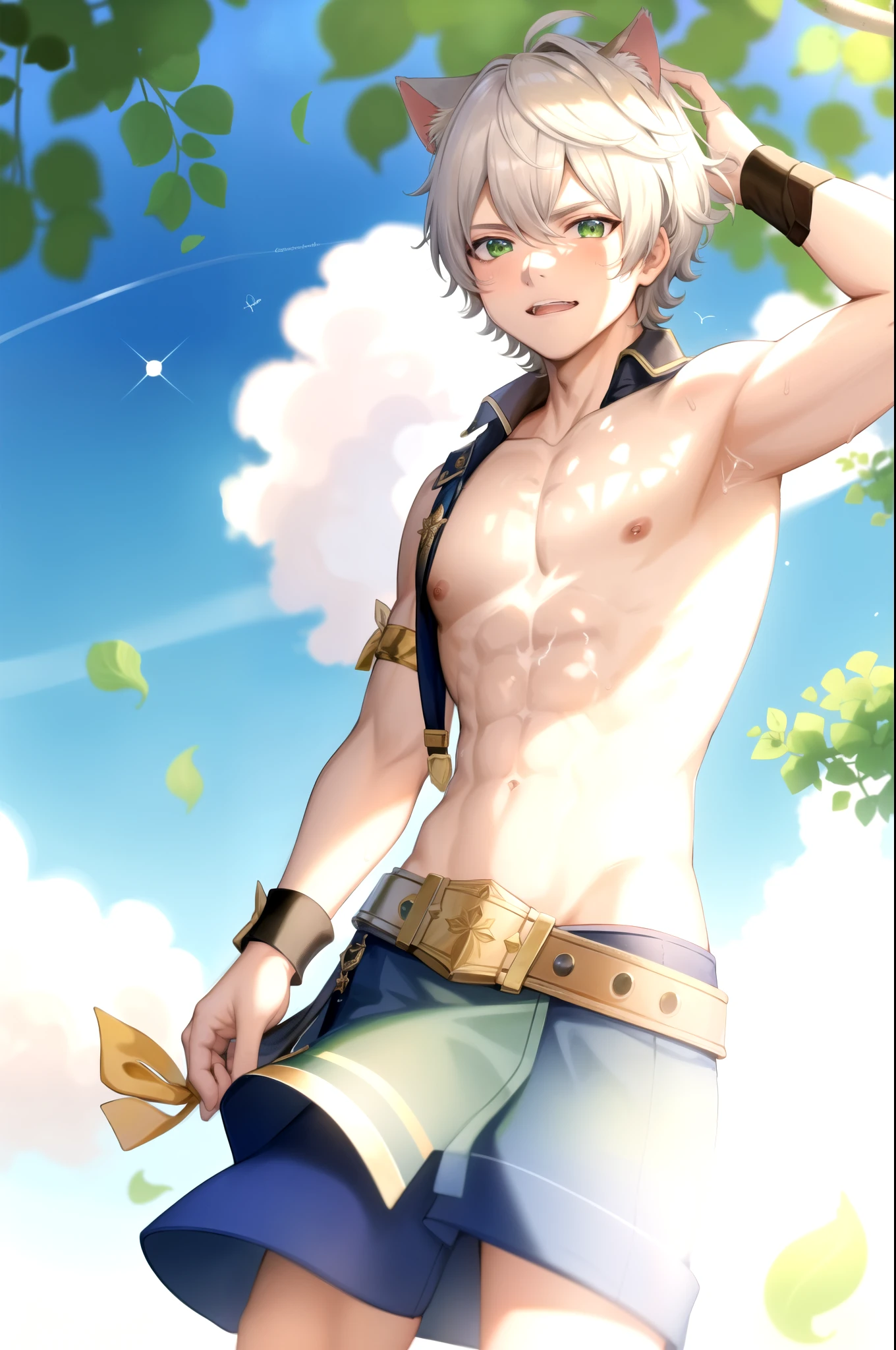 masterpiece, best quality, highres, high quality, 1boy, solo, male focus, looking at viewer, upper body, hair, realistic, Bennet, green eyes, ((cat ear, naked, chiseled abs, sweating))