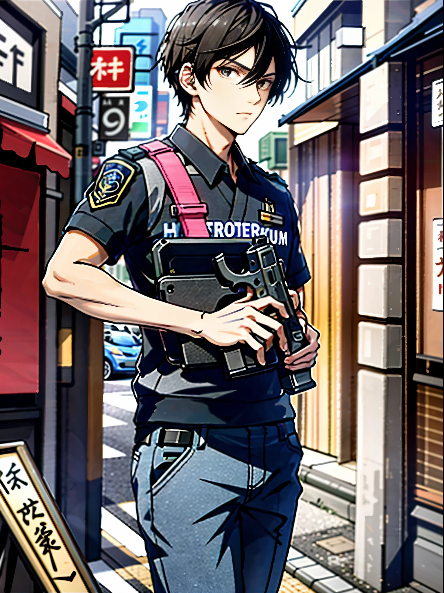 Ridiculous resolution， A high resolution，（tmasterpiece：1.4， Hyper-detailing， Young man，male focus，holding a gun，holding a pistol，routine patrol，Japanese Police officer，tokyo street，The expression is serious，glock17，solo，solo focus