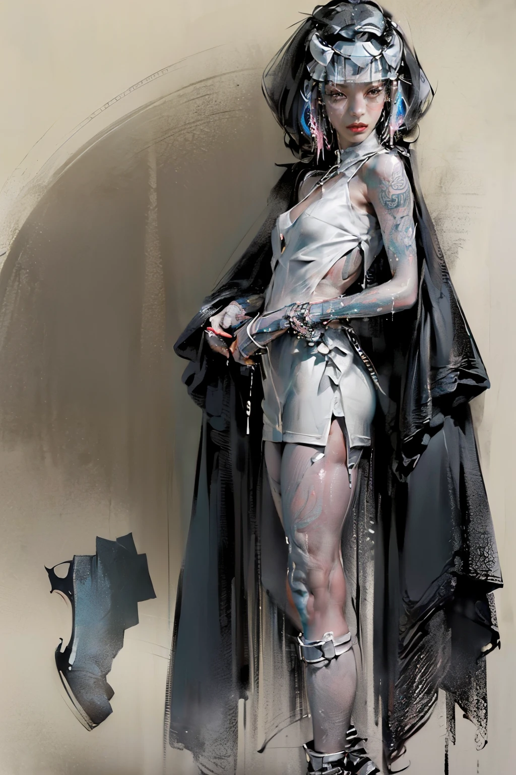 ((Create MaxZenArt!))_((Alone, 1 girl, tattoos, glowing tattoos, shiny eyes, white- fluffy), (sci-fi), (full body lesbian), Sexy topless), (black transparent clothes- dress), (boots-bangs, heels, footwear), (sexy, erotic))_((Soft scarlet lips), (straight black hair - long, highlights, blue, cascading), (multi-colored shining hair), ( cool glitter, wet straight hair))_((Simple color palettes), (pastel colors, kawaii, cute colors, clean), (metaphysics-cyberpunk))_((Sexy, erotic), (simple, minimal accessories), ( necklaces and thin rings in silver or gold), (simple bracelets, distinctive designs, simple silhouettes), (simple and erotic style))_((Background),(abstract-minimalism), (fresh, color wash, broad stroke) , (stunning cybernetic flowers), (lilies, extremely unusual, long stems - large stems))