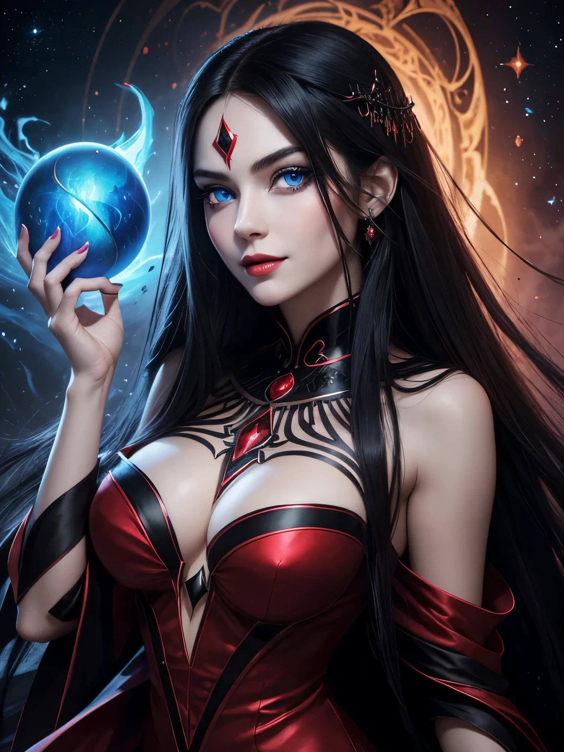 Portrait, beautiful evil enchantress with long flowing black hair, wearing a red dress, staring deep into your eyes with her mesmerizing blue eyes, seductively casting a spell on you, hourglass figure, symmetrical figure, highly detailed face, beautiful face, lush lips, smiling, alluring, stunning digital illustration, 8k cosmic elements and ethereal atmosphere