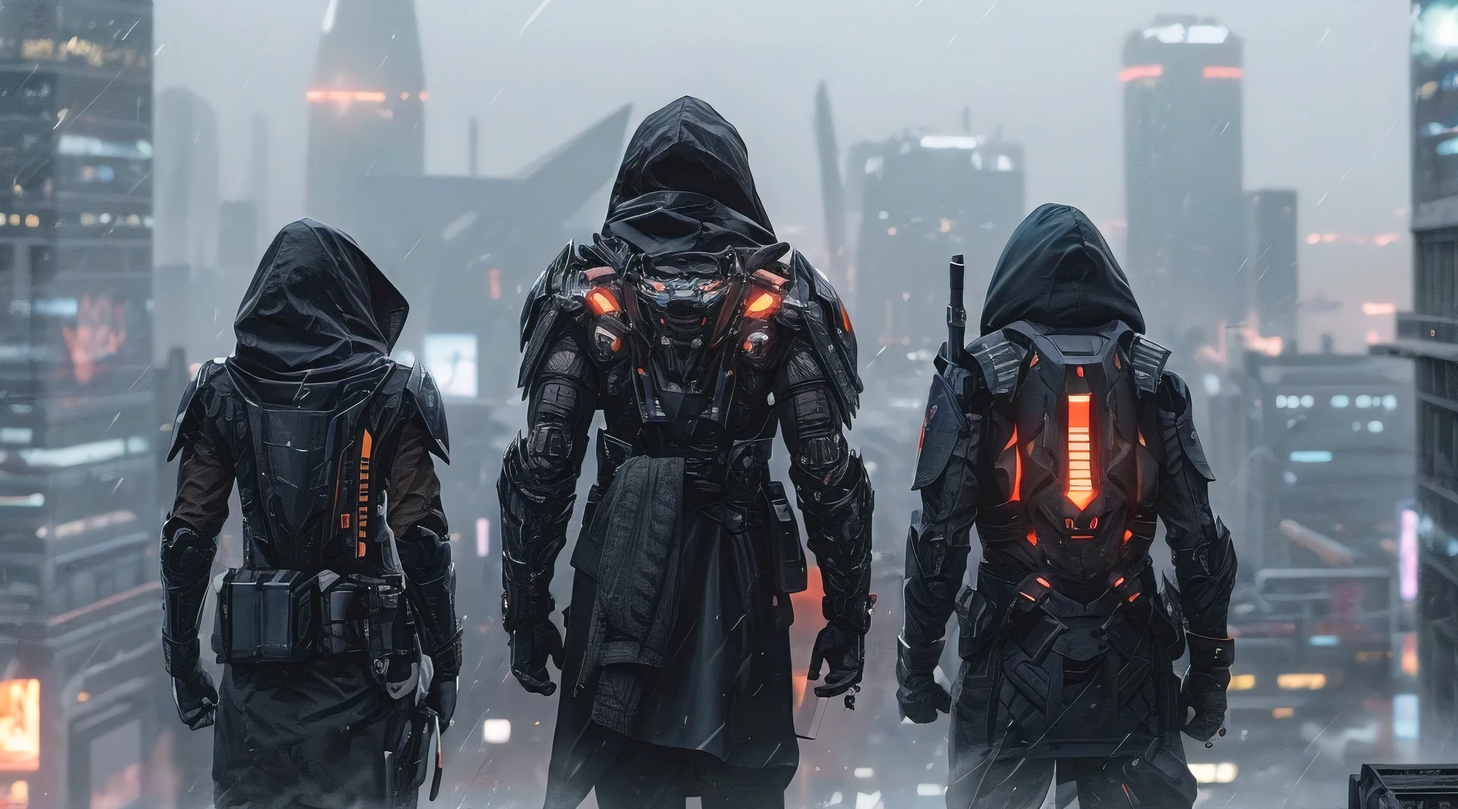 (best quality, masterpiece:1.2), Game wallpaper, three different mecha warrior backs, one of them wearing hooded clothes, futuristic city style, full body back view, elaborate details