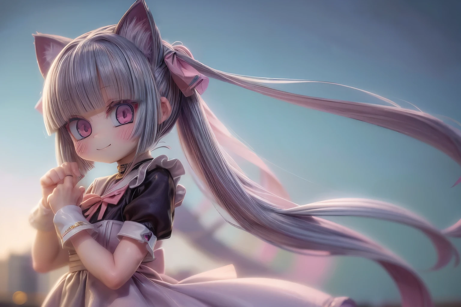 ((Masterpiece)), (Anime:1.3), ((best quality)), (RAW photo: 1.2), (High Definition:1.3), (Professional Photography:1.2), (************), 1 girl, grin, solo, cute face, (pastel color), light color, long twin-tail, pastel color hair, cat ear, hime cut, blunt bangs, Maid, dynamic pose, ((fashion model)), simple background, 