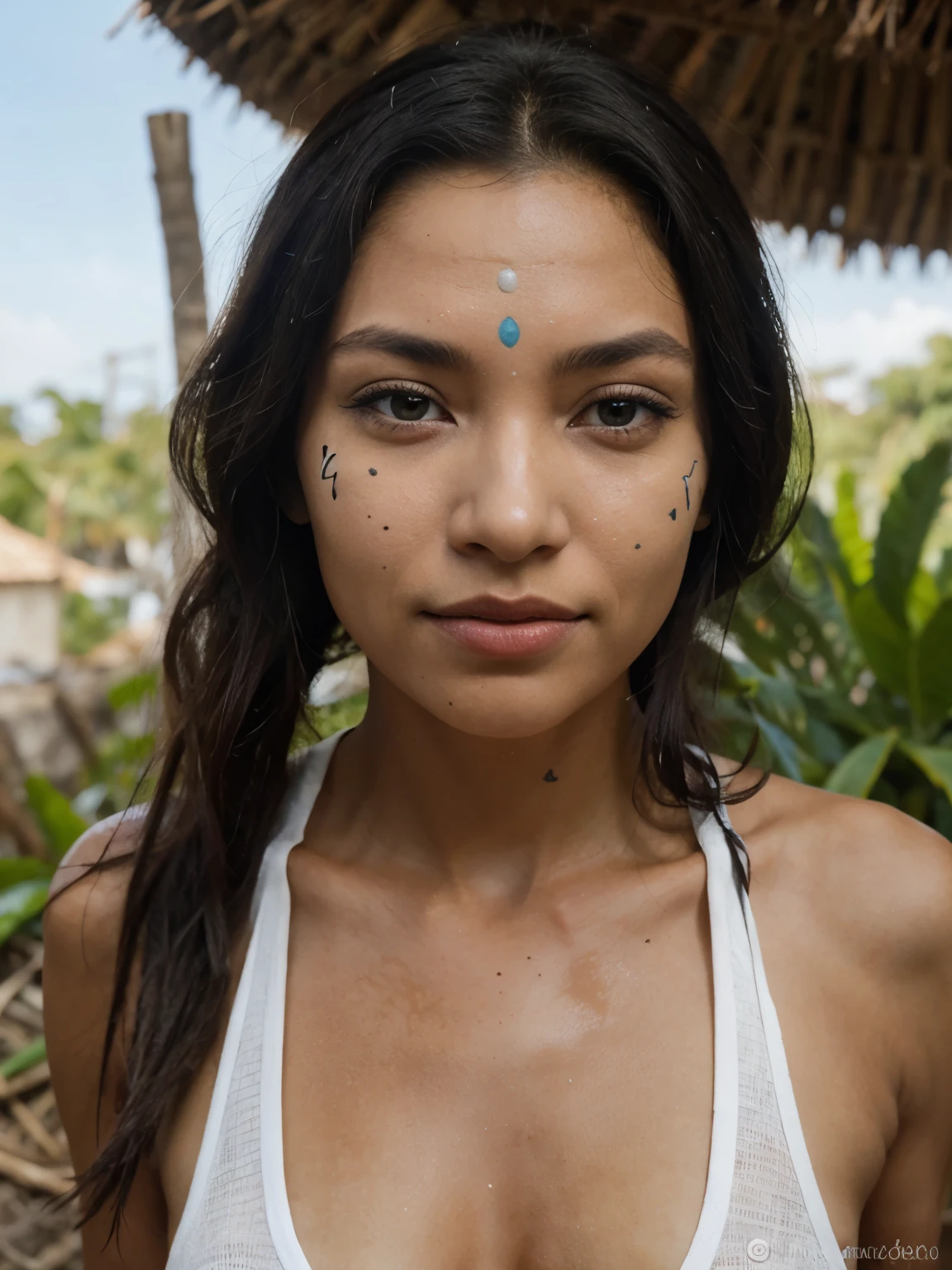 Chica con una altura 1,50 pelo negro y piel blanca ojos azules y de la tribu del agua