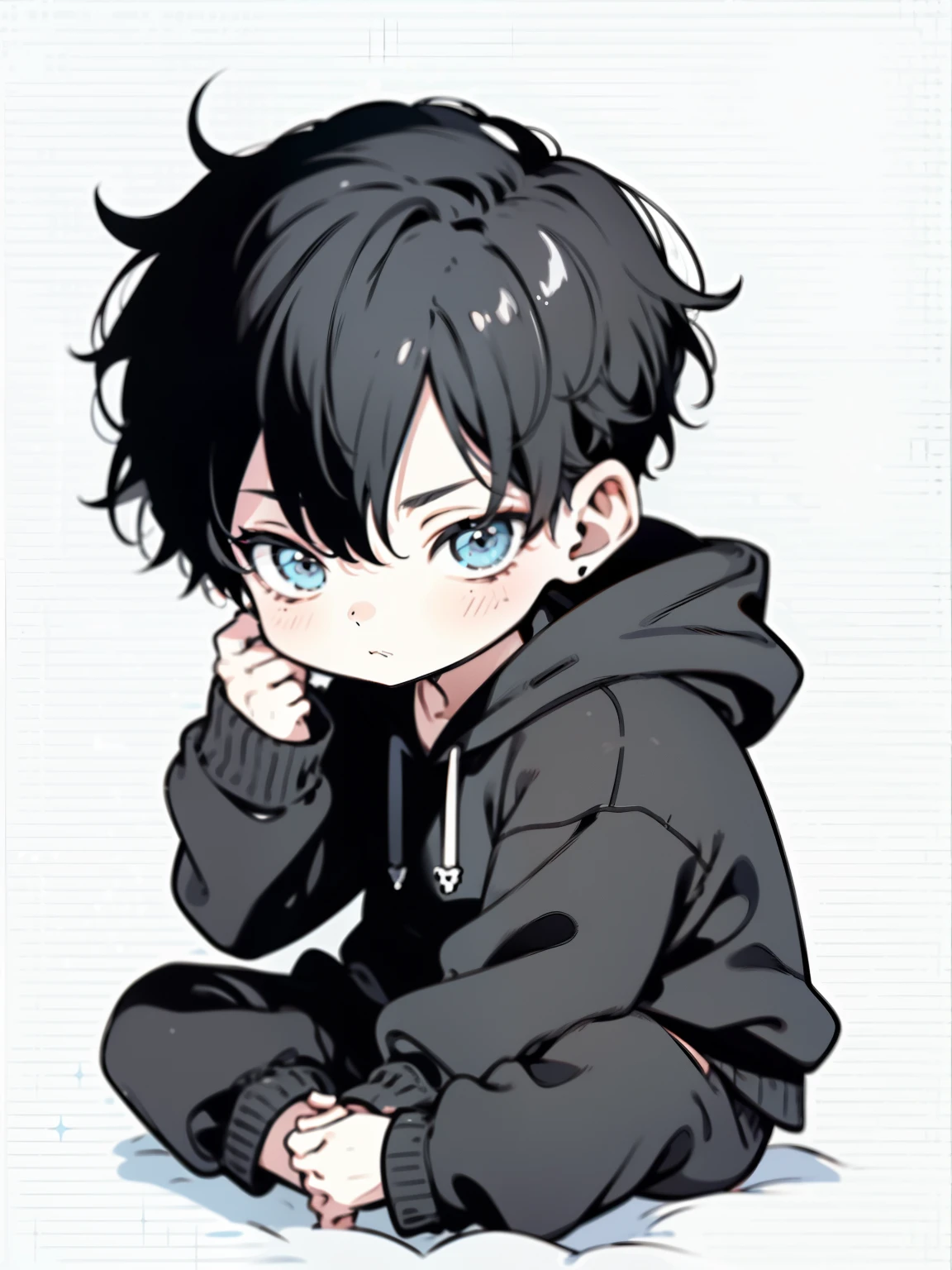 1 boy, Super detailed, high res, super detailed, top quality, awesome, top quality, highly detailed CG Unity 8k, so sleepy, chibi dool, juvenile, Hairstyle is black, casual hair, No accessories ,Pajamas, cute, cool, Center part division,sleeping hair, Waking up, Feeling overlaid, ((Wearing a black hoodie and black sweatpants)), indian style, sitting, cute, side shot, side angle