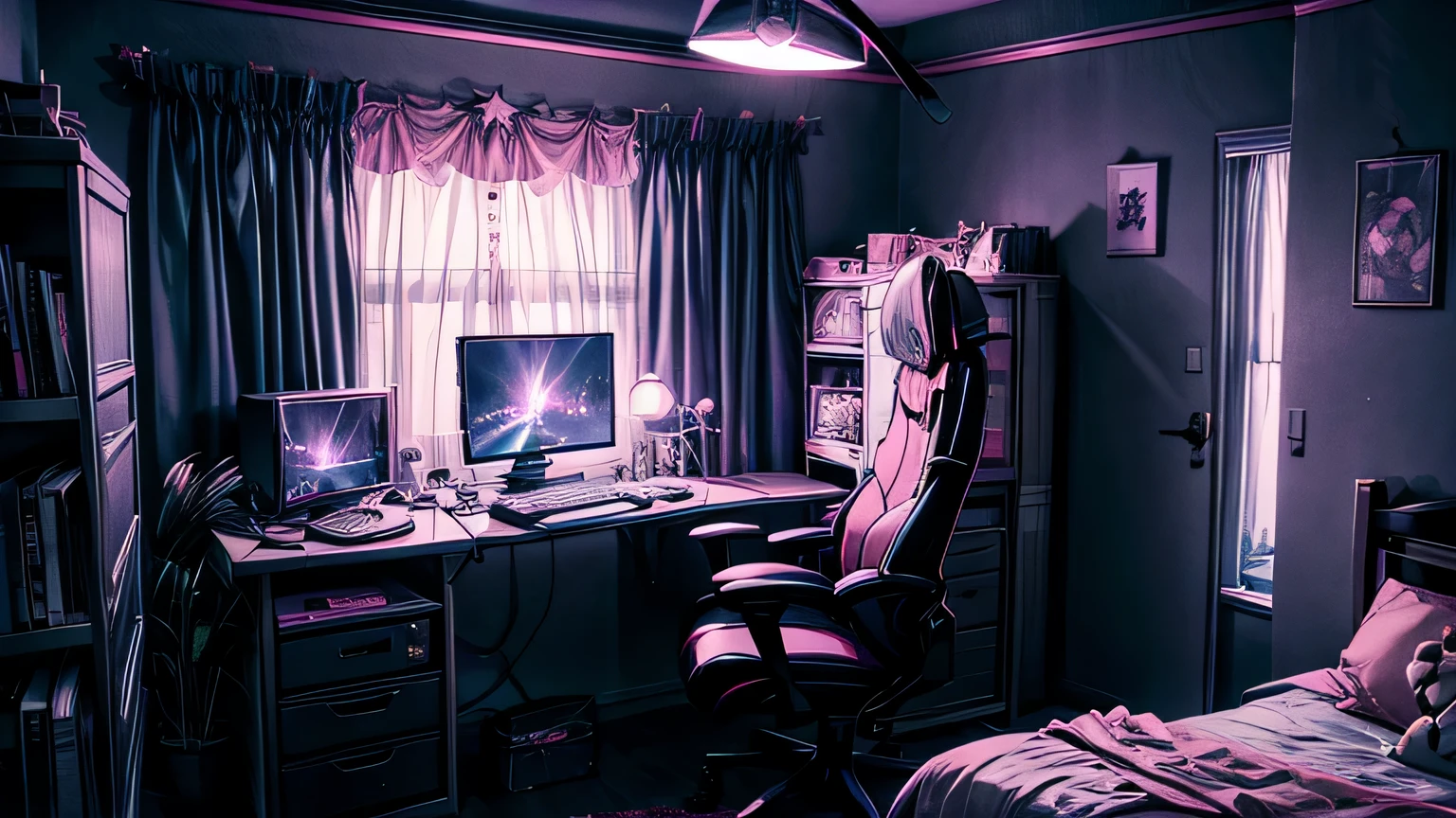 high quality background, vtuber, streaming screen, girly room, cute, but, gaming chair, Lattice window, Moonlight leaking from outside, night, Black curtains, （no one!!）, 8k, highest quality, pink and black tones, Gamer Room, high detail,Gothic furniture、night空、star、Crescent Moon、Wide viewing angles、