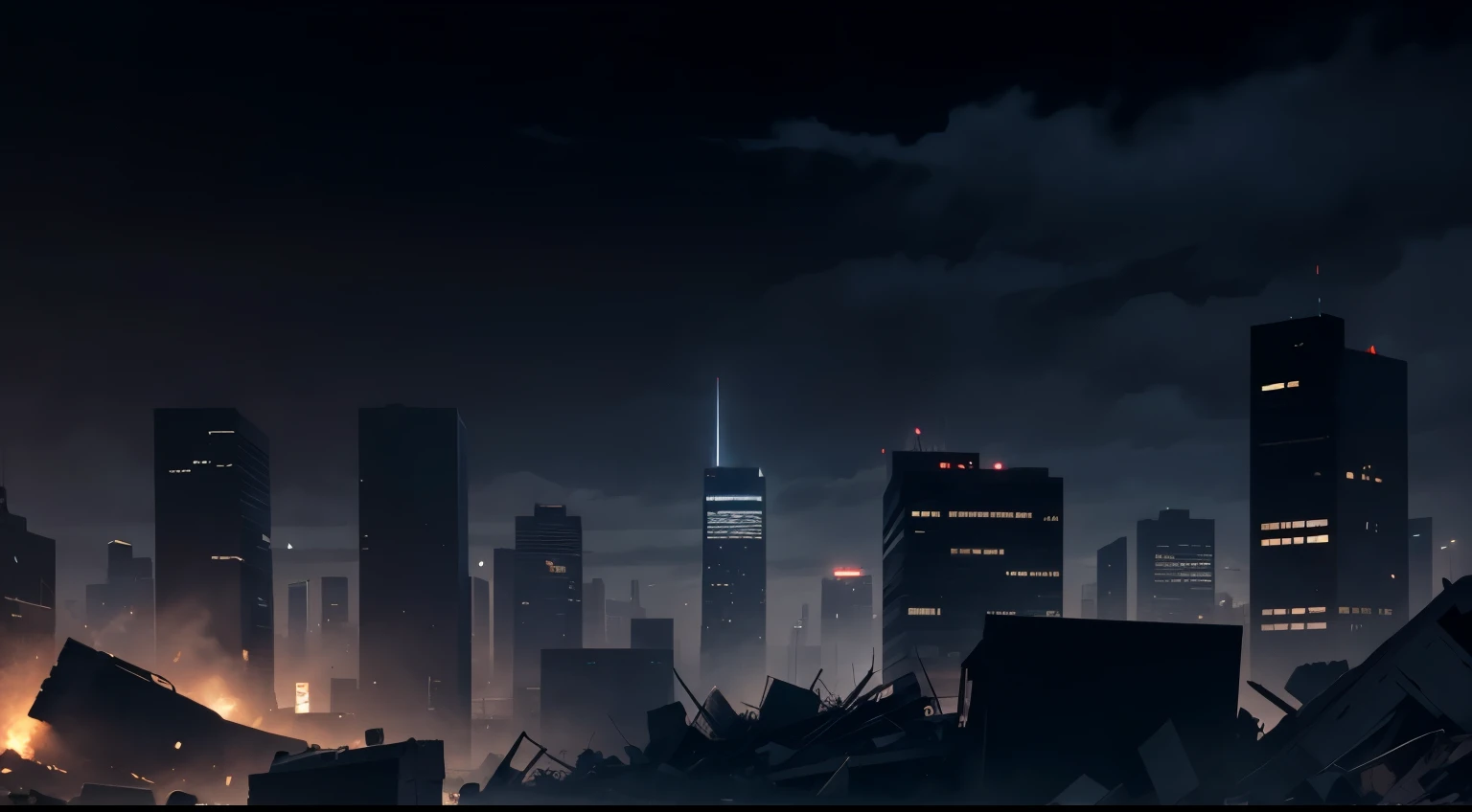 city, dark sky, black sky, night, rubble