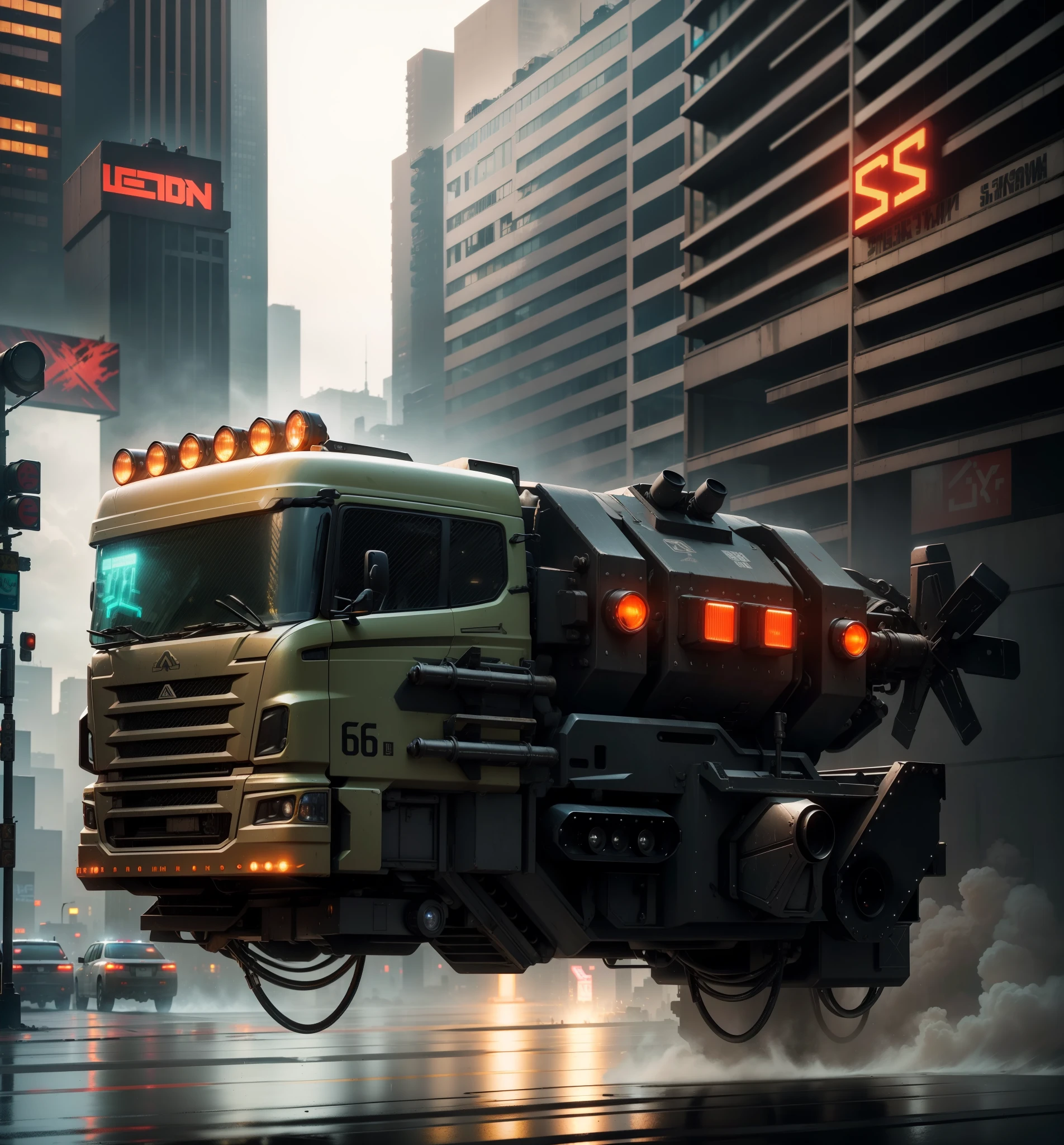 Cyberpunk New York City - Sky dominated by holographic advertisements and neon signs casting a harsh, flickering glow. Towering megastructures pierce the clouds, casting long shadows over decaying tenements below. Rain slicks the streets, reflecting the distorted cityscape in shimmering puddles.
Truck:
A massive, armored juggernaut of a truck. Imagine a monstrous welding of military surplus and black market tech.
Mounted weaponry: Gatling guns bristle on the turret, glowing with residual heat. Missile pods flank the cab, their warheads glinting ominously.
Searchlights stab through the gloom, illuminating fleeting glimpses of graffiti-laden walls and flickering neon signs advertising illegal wares.
Action:
The truck patrols a deserted avenue, engine growling like a hungry beast. Security drones buzz nervously around it, their red scanner lights adding to the tense atmosphere.
Armed figures clad in black combat gear emerge from the shadows, their faces obscured by mirrored visors. They hunch towards the truck, a sense of urgency in their movements.