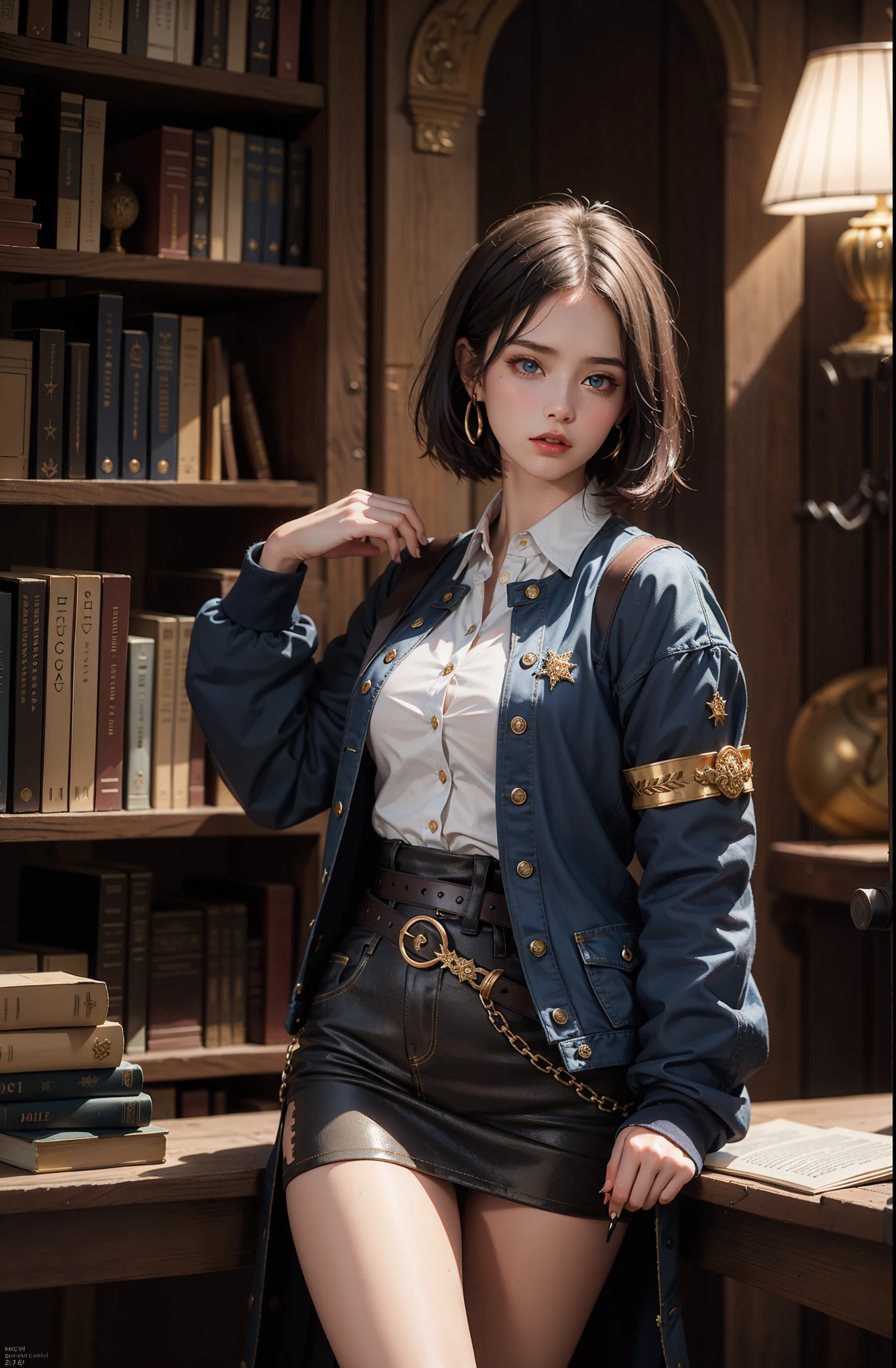 ((photorealism, high quality, detail, masterpiece, best quality:1.2)), (more than half of the body) A young beautiful girl (25 years old) (slender figure) from a fictional European medieval aristocracy, a student of the Academy of Magic, looks at us with angry eyes ... (she stands half-turned, hand raised), dressed in a student uniform, (dark blue) short jacket made of fabric ((gold trim, patch on the sleeve)), (blue) skirt, belt, white shirt, (black) (short hair)), blue eyes. Magical atmosphere, Magic Academy, ancient library, fantasy art, this work is done in very realistic colors.She is characterized by artistic expressiveness.
