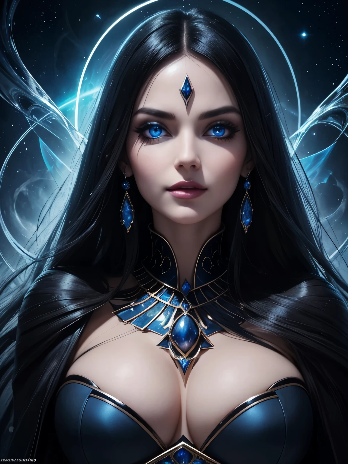 Portrait, beautiful evil witch with black hair, up close staring deep into your eyes with her mesmerizing blue eyes, seductively casting a spell on you, hourglass figure, symmetrical figure, highly detailed face, beautiful face, lush lips, smiling, alluring, stunning digital illustration, 8k cosmic elements and ethereal atmosphere