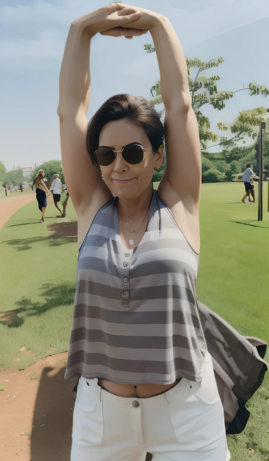 woman in sunglasses and gray blouse stretching her arms up, armpit, in a park, with her arms up, park in the background, shoulders can be seen, face red and sweating, uhd candid photo of arms, sweating intensely, sweaty 4k , slim arms, in the park, toned arms, outstretched arms high resolution, high quality, masterpiece, 8k.