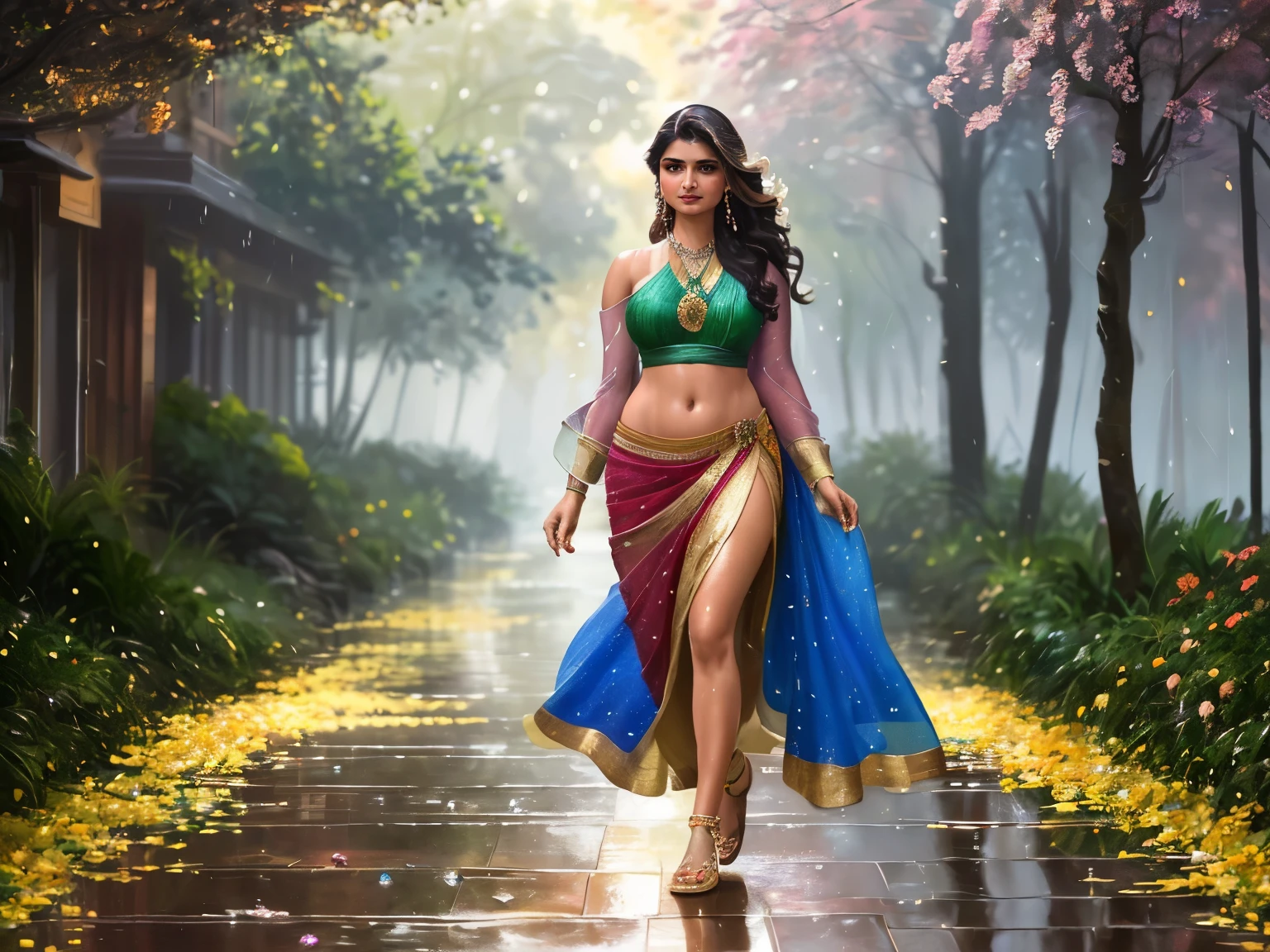 (impressionist masterpiece photography depicting closeup) of an alluring sexy curvy Indian fashionista ([Prachi desai| sonali bendre]), walking on a wet street on a rainy day, (wearing  gemstones, body covered in precious stones:1.4),  navel, wet long brown wavy hair with highlights, wet glistening skin, vivacious, lustful glance, exhilarated, reflections on street (beautiful detailed eyes:1.1) , (passionate expression:1.2) intense dramatic lighting, falling greenery, trees bushes and flowers bokeh, backlit, light rays, highly detailed, trending on artstation, paint splashes, rich colour, falling leaves & flowers all around, abstract portrait, by Atey Ghailan