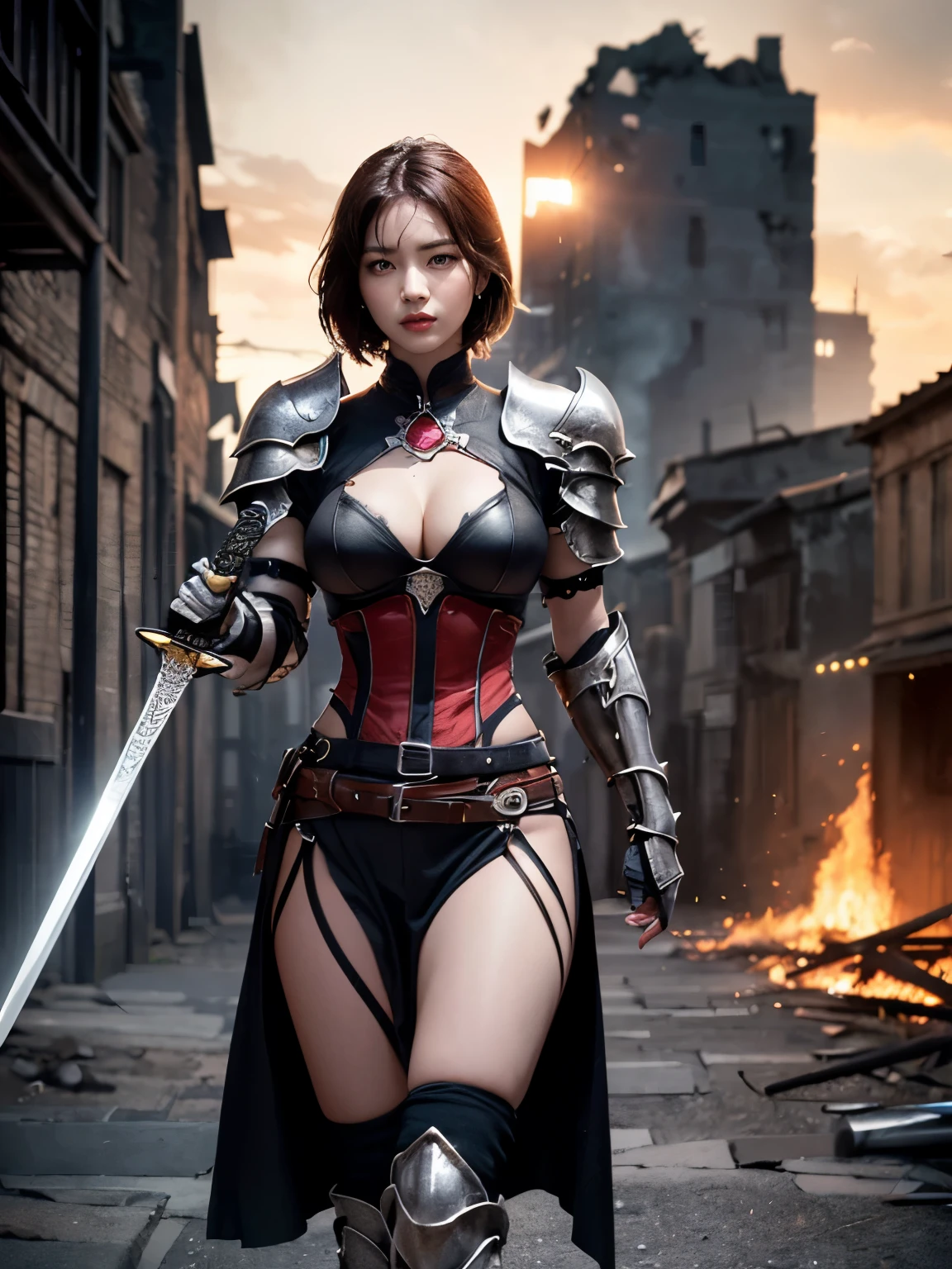 ((Masterpiece))((best quality)) ((high res))(best quality,highres:1.2),((View from below)),ultra-detailed,physically-based rendering,full body images,battlefield,fantasy sexy armor,((holding sword both her hand)),(fierce expression,angry eyes,blazing fire,ruined city,sunset lighting) ,medieval , (( detailed hand )) ((collosal sexy Thigh)) , sexy armor. (stand Seduced Pose , (seduced face)) (full Body) ((detailed Hand)) detailed All Thing .((close up photo))