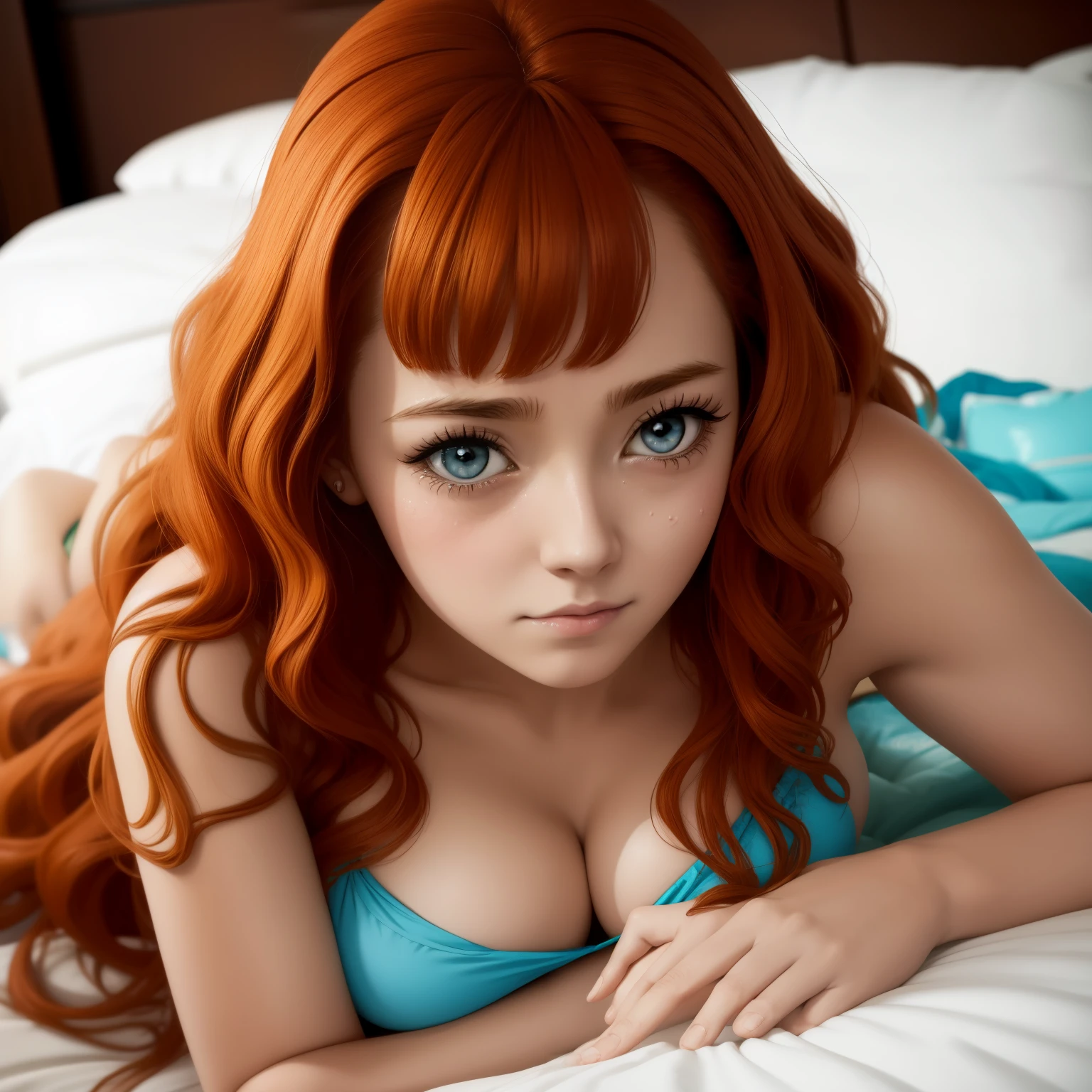 anime goddess, reclining in bed，in a bikini，Big teary eyes looked at me.，bare shoulders，Be red in the face，shy，Medium-long hair，I look at the viewer，rhonchi，medium breasts