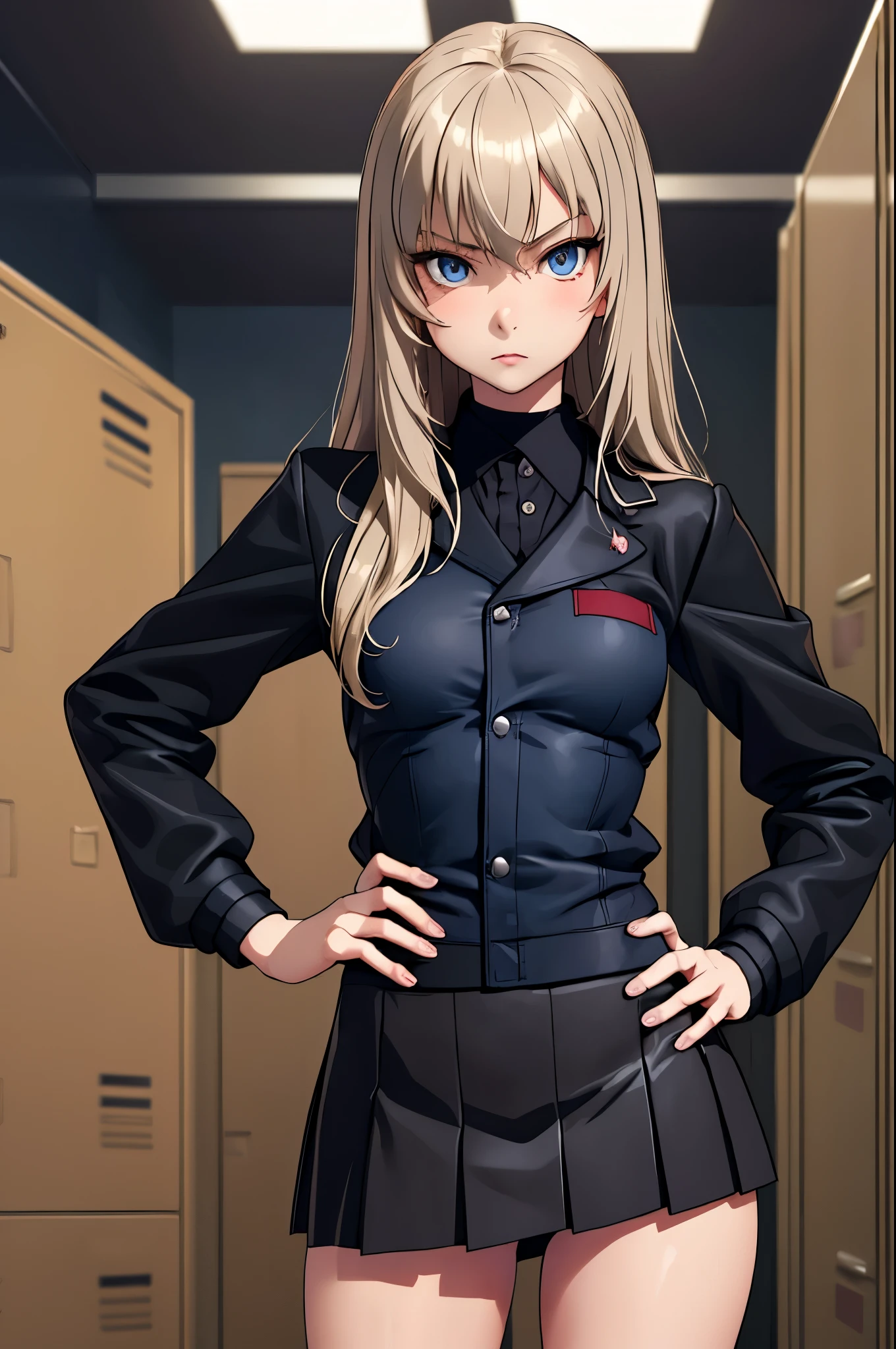 masterpiece, best quality, Itsumi Erika, 1girl, ashen blonde hair, blue eyes, solo, small breasts, black skirt, sexy black underwear, black bra, black jacket, jacket opened, standing frontally to the viewer, casual pose, pov, looking at viewer, expressionless, whole body can be seen, school locker room, detailed hands, five fingers