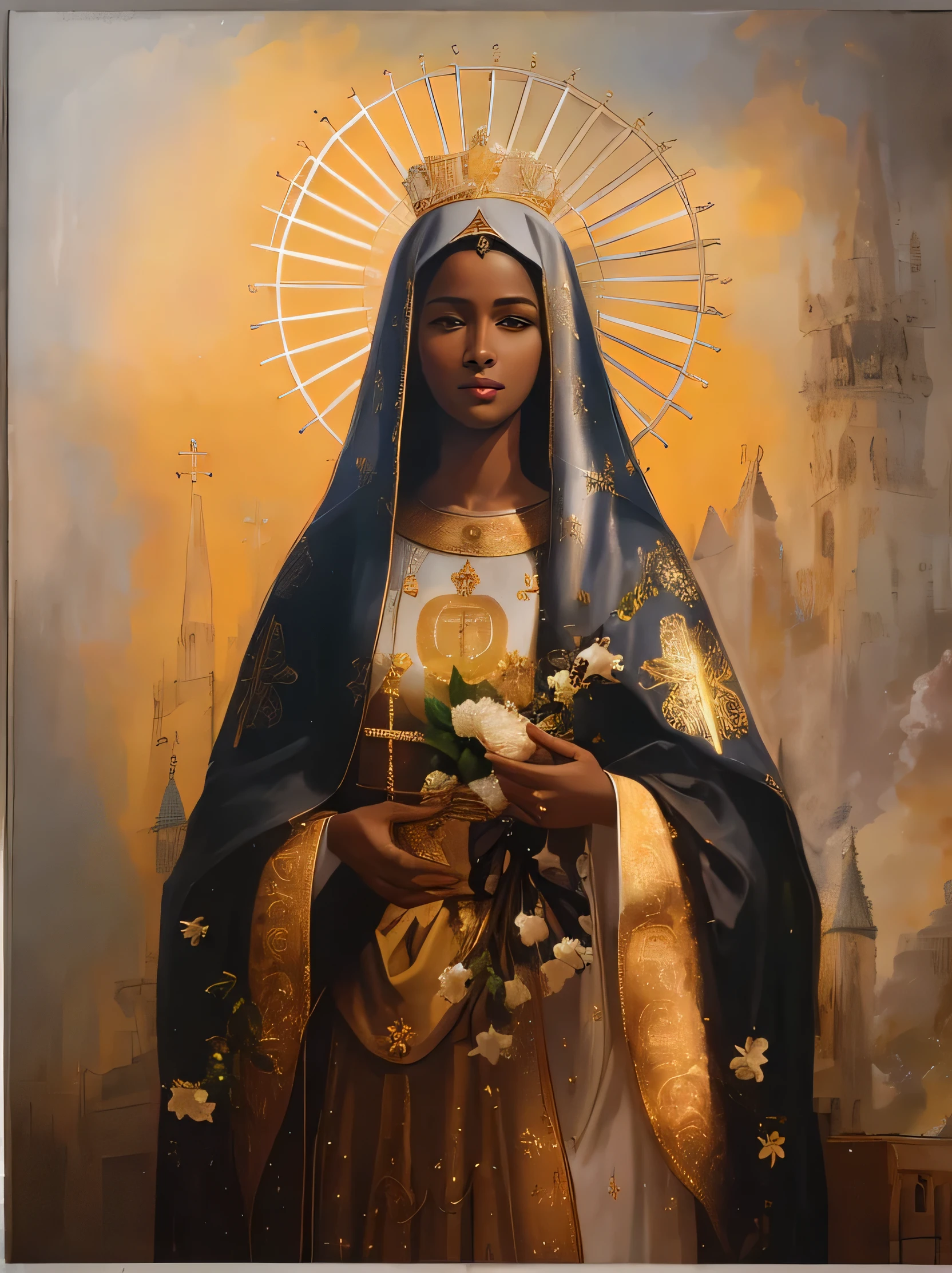 Painting of a very dark-skinned black woman holding a bouquet of flowers in her hands, Black factions on the face, majestosa mulher de santo, fundo ceu, Retrato da Virgem Maria, Dirigido por: Márkus Csaba,padroeira do Brasil, Nossa senhora aparecida, Santo de ouro bonito, pele escura deusa feminina do amor, Virgem Maria, Jayson Tatum as Mother Mary, catholic religious art, Catholic icon, queen of heaven, trabalho-prima', Dirigido por: Grzegorz Domaradzki