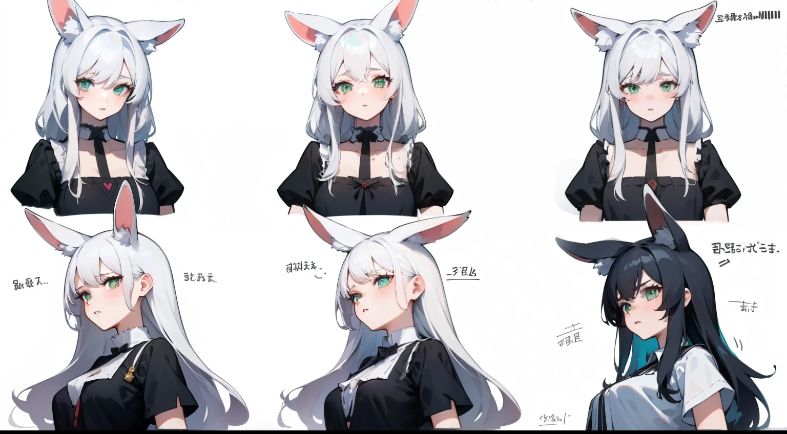 (Masterpiece, Highest quality)), ((Tsurime)),Detailed face, character sheets, full bodyesbian, 1girls,shoun，children's，Babe，green eyes, White hair, varied hairstyles, hair between eye, Black loose blouse, Full of details, poses and expressions, Highly detailed, Depth, Many parts a graceful wild rabbit girl with silver hair, sparkling eyes, delicate skin, crimson lips, furry ears, fluffy tails,