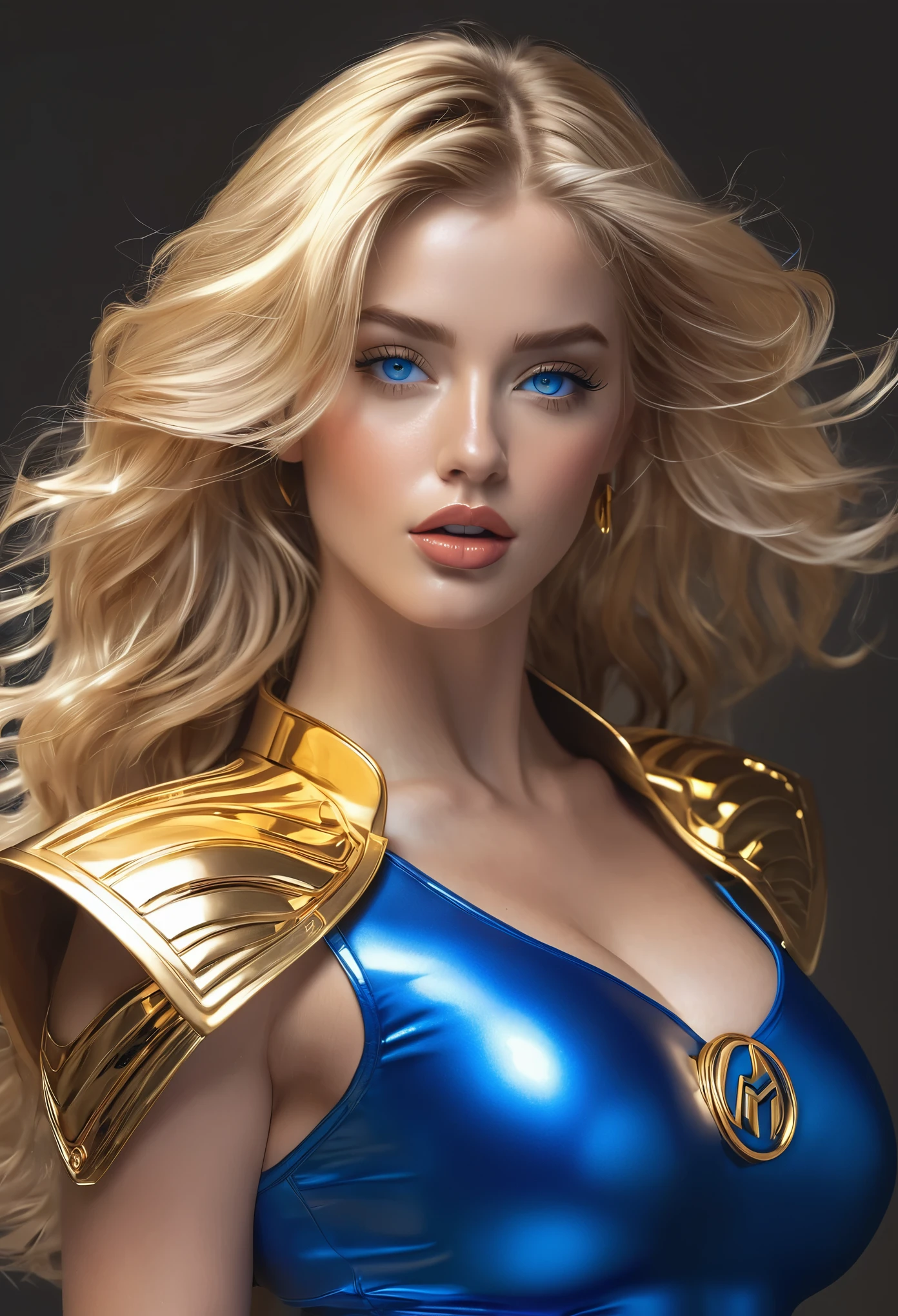 Sexy superheroine wavy blonde hair glowing blue eyes wears a blue outfit gold shoulder pads gold bracelets revealing abs midriff a Z symbol on her chest portrait photography by artgerm, in the style of realism, glistening skin, cartooncore, mangacore, natural lighting, Defined full lips. Muscular fitness feminine body