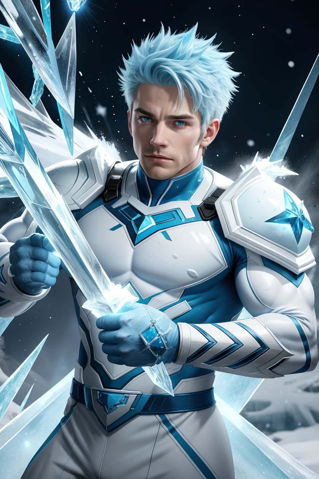 “A muscular man, shirtless, in a Kirbywood style, with vintage color comics, showcasing sharp focus, hi-res details, and intricate features, creating a masterpiece at 8k quality.” Arctic Frost Ranger: A suit featuring icy blue and frosty white hues, accented with snowflake patterns and frost crystals. This Ranger commands the power of ice and cold, with abilities such as creating blizzards, forming ice constructs for defense, and freezing enemies in their tracks. Frostbite Ranger: A suit with icy blue and white colors, like snow and ice. This Ranger can freeze enemies with ice blasts, create protective ice shields, and summon blizzards to slow down foes.