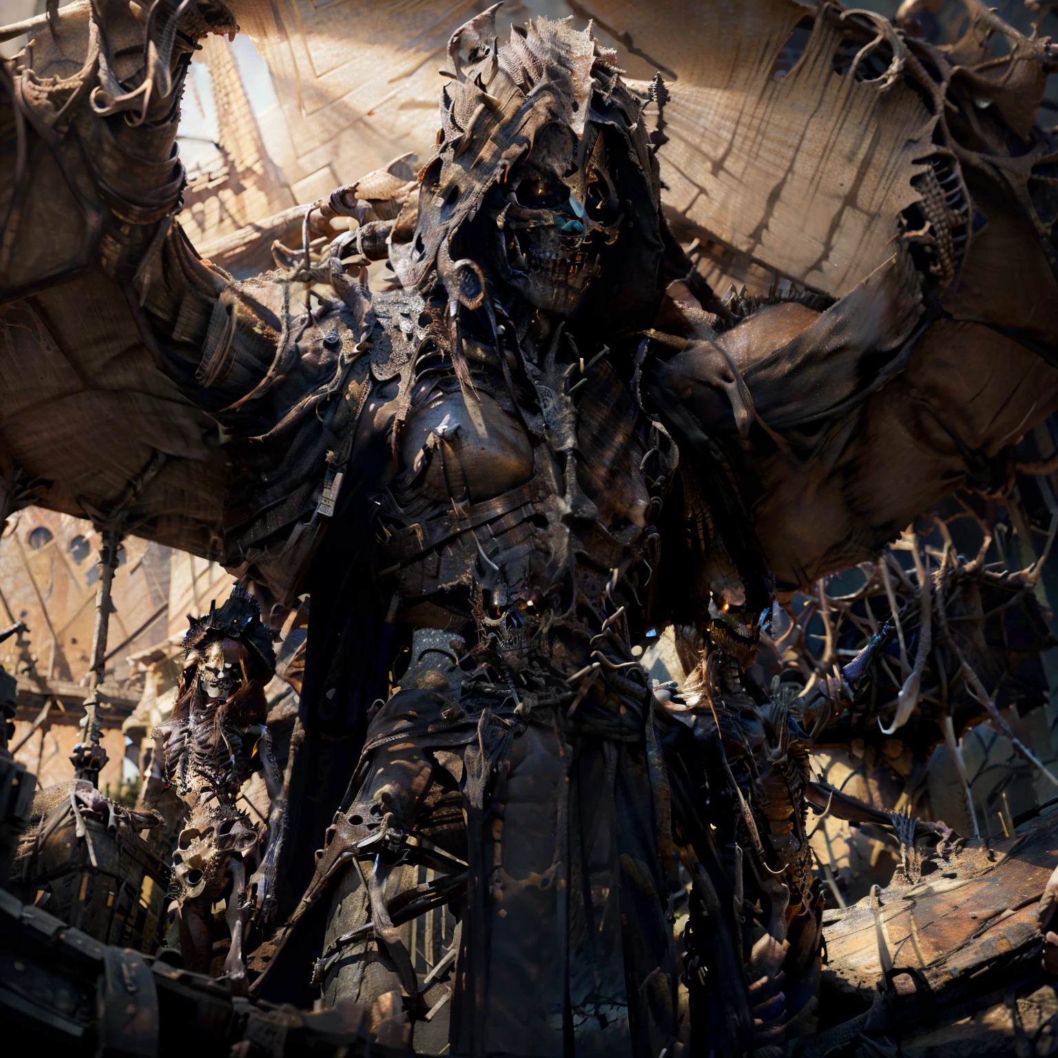 Skeleton King (Masterpiece quality): The Skeleton King's hollow eyes stare intensely from the canvas, his gaunt skull crowned with a rusted, intricately designed crown. His skeletal frame, clad in tattered robes, exudes an air of regal decay with every bone and muscle defined in hyperrealistic detail. Each vertebrae, rib, and sinew are drawn with a precision that makes them appear genuinely lifelike, despite their lack of actual life. The masterful shading adds to the overall dramatic effect, creating a hauntingly stunning contrast between the skeleton's starkness and the high definition, textured background.
King Calendar