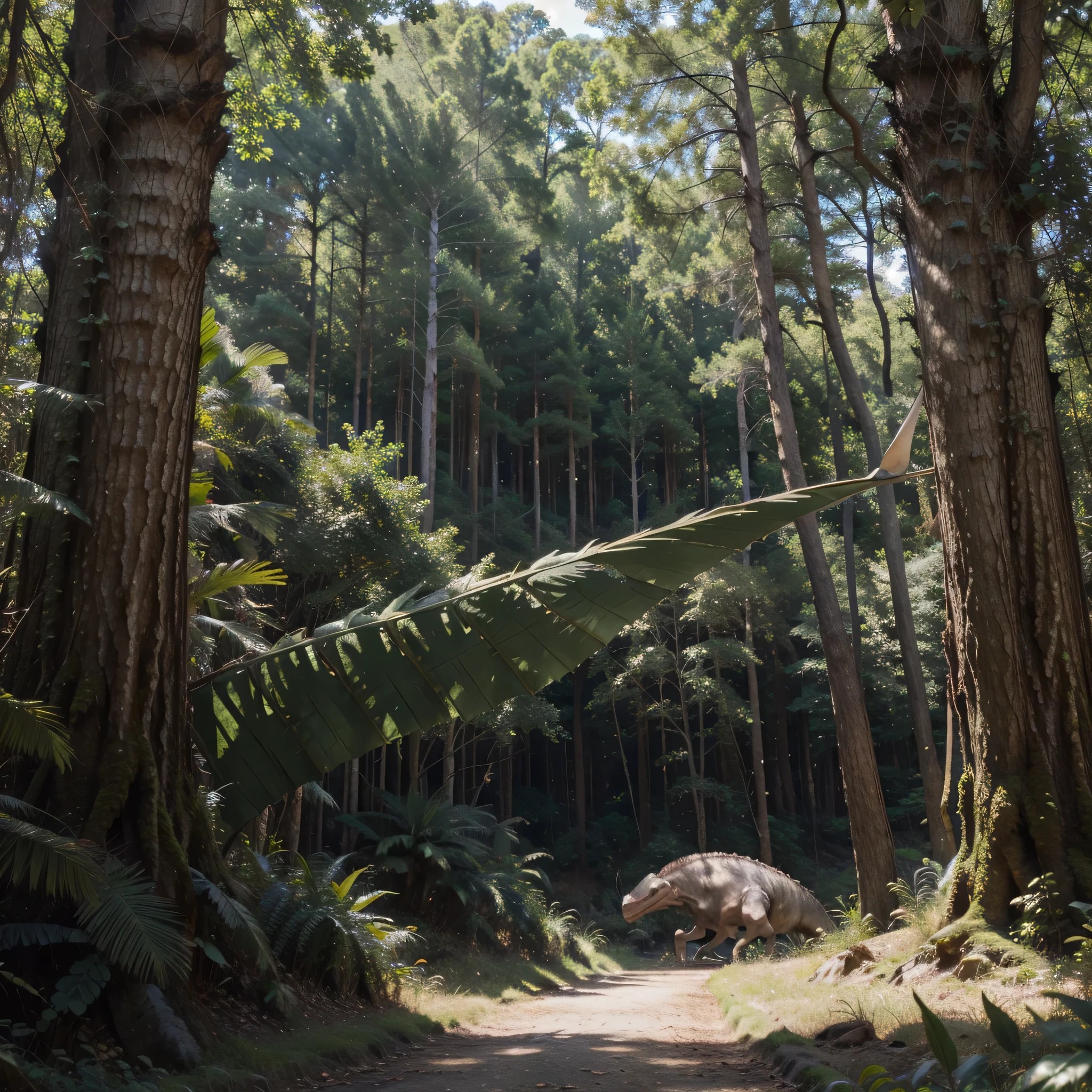 Realistic Forest, high quality, Jurassic period, blue sky, pteradactel flies in the distance