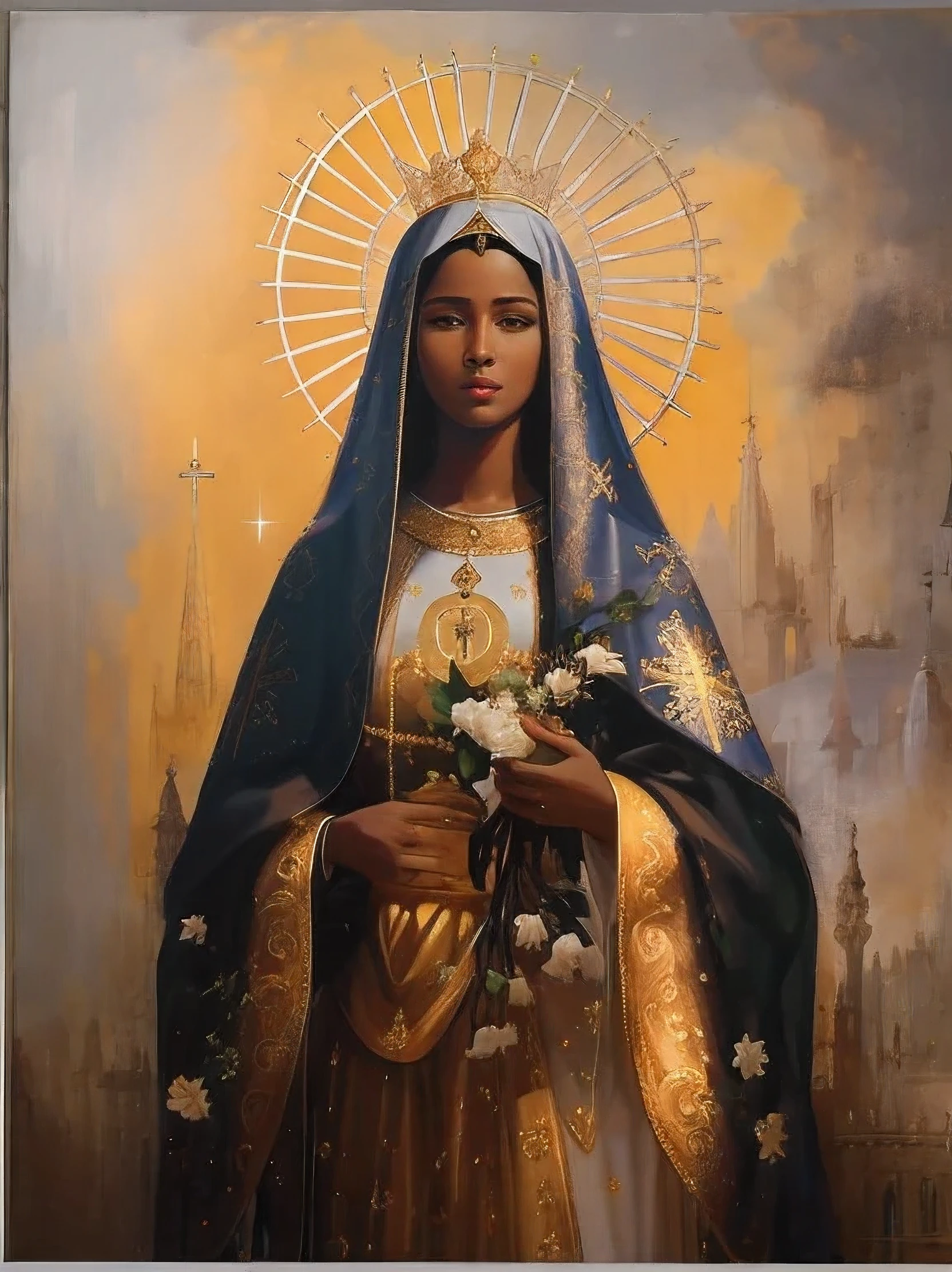 Painting of a very dark-skinned black woman holding a bouquet of flowers in her hands, Black factions on the face, majestosa mulher de santo, fundo ceu, Retrato da Virgem Maria, Dirigido por: Márkus Csaba,padroeira do Brasil, Nossa senhora aparecida, Santo de ouro bonito, pele escura deusa feminina do amor, Virgem Maria, Jayson Tatum as Mother Mary, catholic religious art, Catholic icon, queen of heaven, trabalho-prima', Dirigido por: Grzegorz Domaradzki