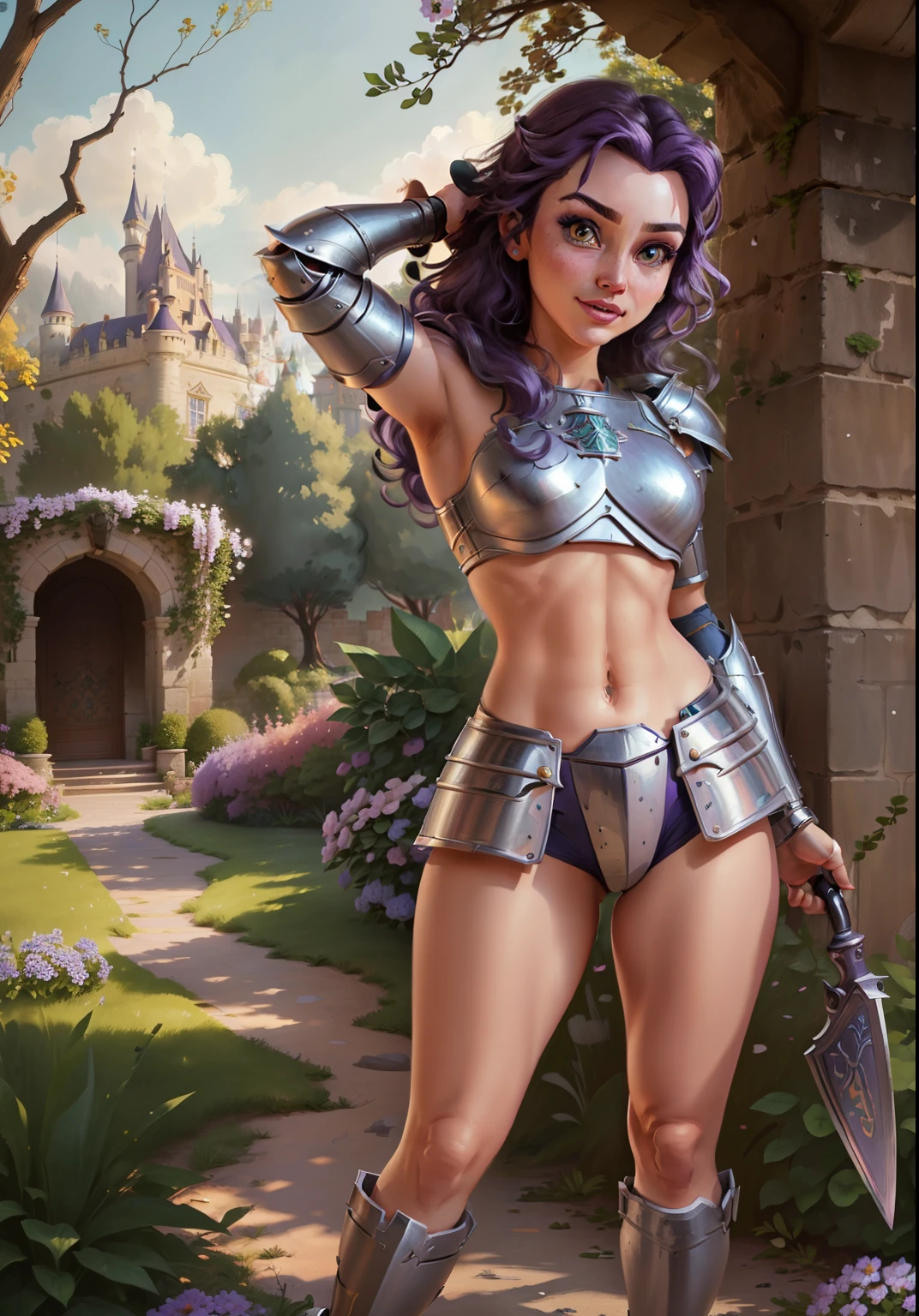 (BelleWaifu:1), (knight's armor:0.3), the garden in the background, surprised, cute, cute pose, (flirting), looking at the viewer, (square hairstyle), (purple hair), (metal knight crop top on naked body:1.4), :D, (realistic: 1), (cartoon), (masterpiece: 1.2), (best quality), (over-detailed), (8k, 4k, intricate), (full-length shot: 1), (cowboy shot: 1.2), (85mm), light particles, lighting, (very detailed: 1.2), (detailed face: 1), (gradients), sfw, colorful, (detailed eyes: 1.2), (detailed landscape, trees, garden, castle:1.2),(detailed background), detailed landscape, (dynamic angle:1.2), (dynamic pose:1.2), (rule third_composition:1.3), (line of action:1.2), wide view, daylight, solo
