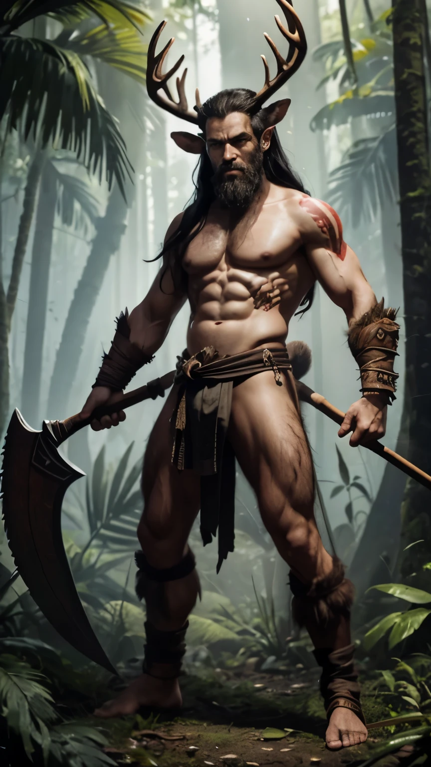 god of war, lord of battles, man with a defined body, with Latin skin, long black hair, no beard, he is naked, with a deer skin on his shoulders, a deer skull mask with horns above his head, his eyes are black and red, he is in the middle of the Amazon rainforest, naked, without clothes, with a bow and arrow in his hands, his appearance is one of anger, jungle men, naked, amazon, full body, no beard. No beard, no beard, no beard.
