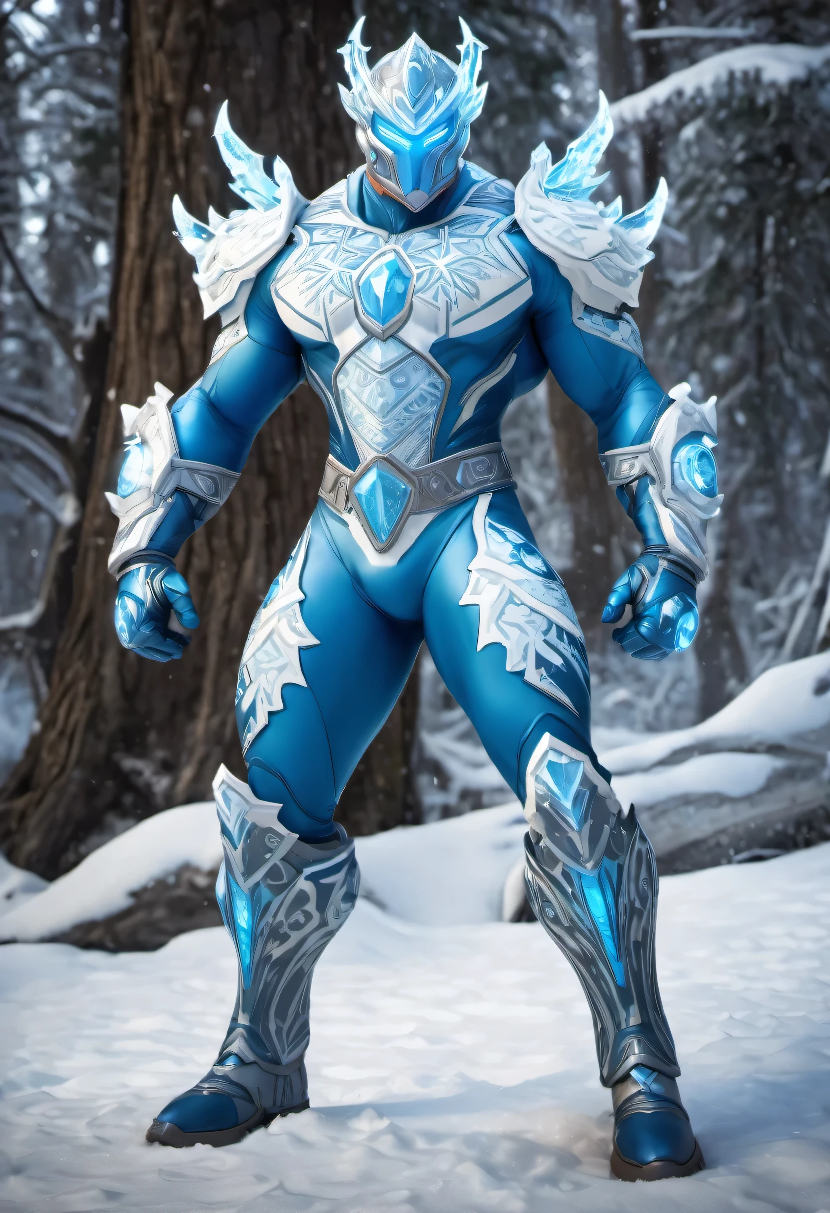 “A muscular man, shirtless, in a Kirbywood style, with vintage color comics, showcasing sharp focus, hi-res details, and intricate features, creating a masterpiece at 8k quality.” Arctic Frost Ranger: A suit featuring icy blue and frosty white hues, accented with snowflake patterns and frost crystals. This Ranger commands the power of ice and cold, with abilities such as creating blizzards, forming ice constructs for defense, and freezing enemies in their tracks. Frostbite Ranger: A suit with icy blue and white colors, like snow and ice. This Ranger can freeze enemies with ice blasts, create protective ice shields, and summon blizzards to slow down foes.