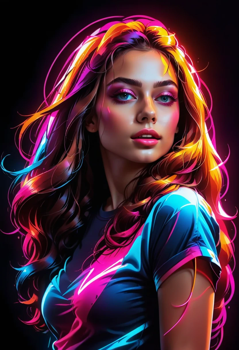 graphic design, pretty girl with long hair, wrapped in colorful flexible neon lights, T shirt design,TshirtDesignAF, realistic design, HD, 8K