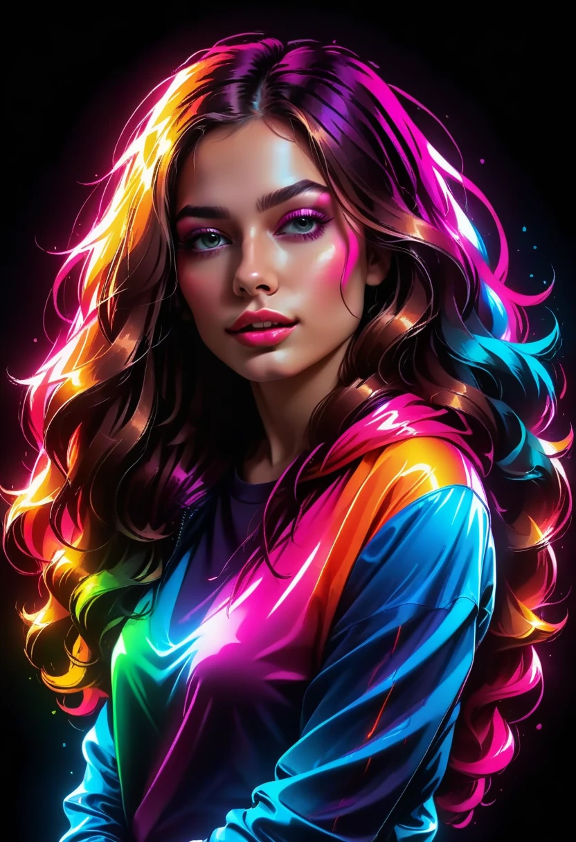 graphic design, pretty girl with long hair, wrapped in colorful flexible neon lights, T shirt design,TshirtDesignAF, realistic design, HD, 8K