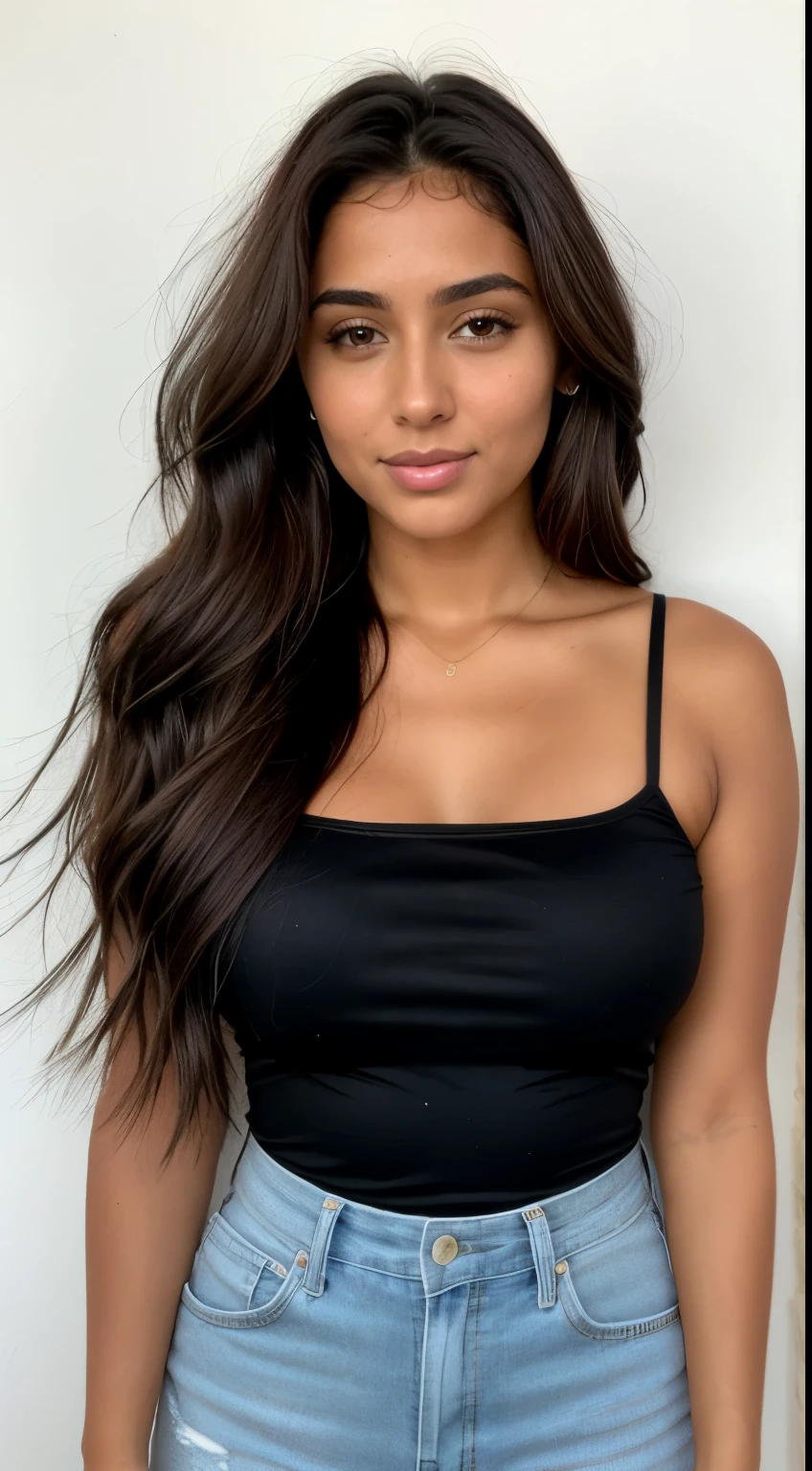 Uma mulher morena de 22 anos, bronzeada, ((hiperrealismo)) ,. Brown Hair with Black Roots, cabelo castanho, Hair with brown roots, cabelo extra longo, cabelo muito comprido, cabelo muito comprido, lindo, vista frontal, automatic photo, foto tirada com iPhone, elegante camisa negra con escote, automatic photo at home, alta calidad, automatic photo, pelada