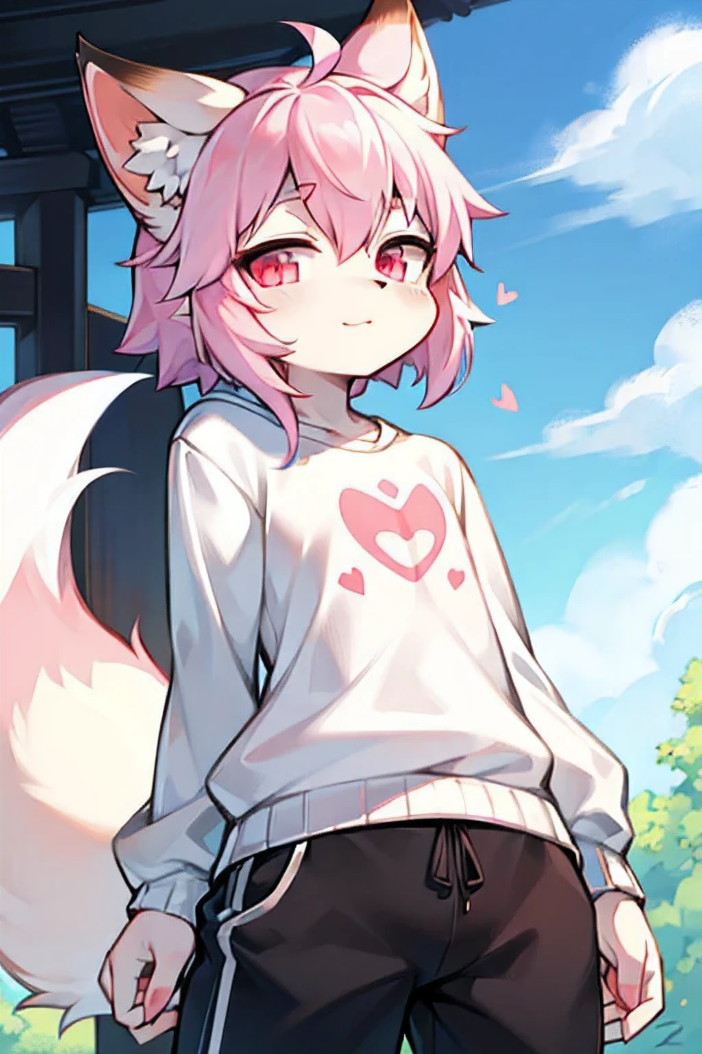 fox,hairy,hairy的,bust avatar,Colorful patterned white sweatshirt,black casual pants,white stripes,Q version,charming,minimalist art style,cartoon style,pink eyes,heart shaped eyes,happiness,happiness的,Ears with pink hair,There are white hairs on the tips of the ears,blue hair behind,The tail is white,pointed blue,Blue sky and white clouds,sunny