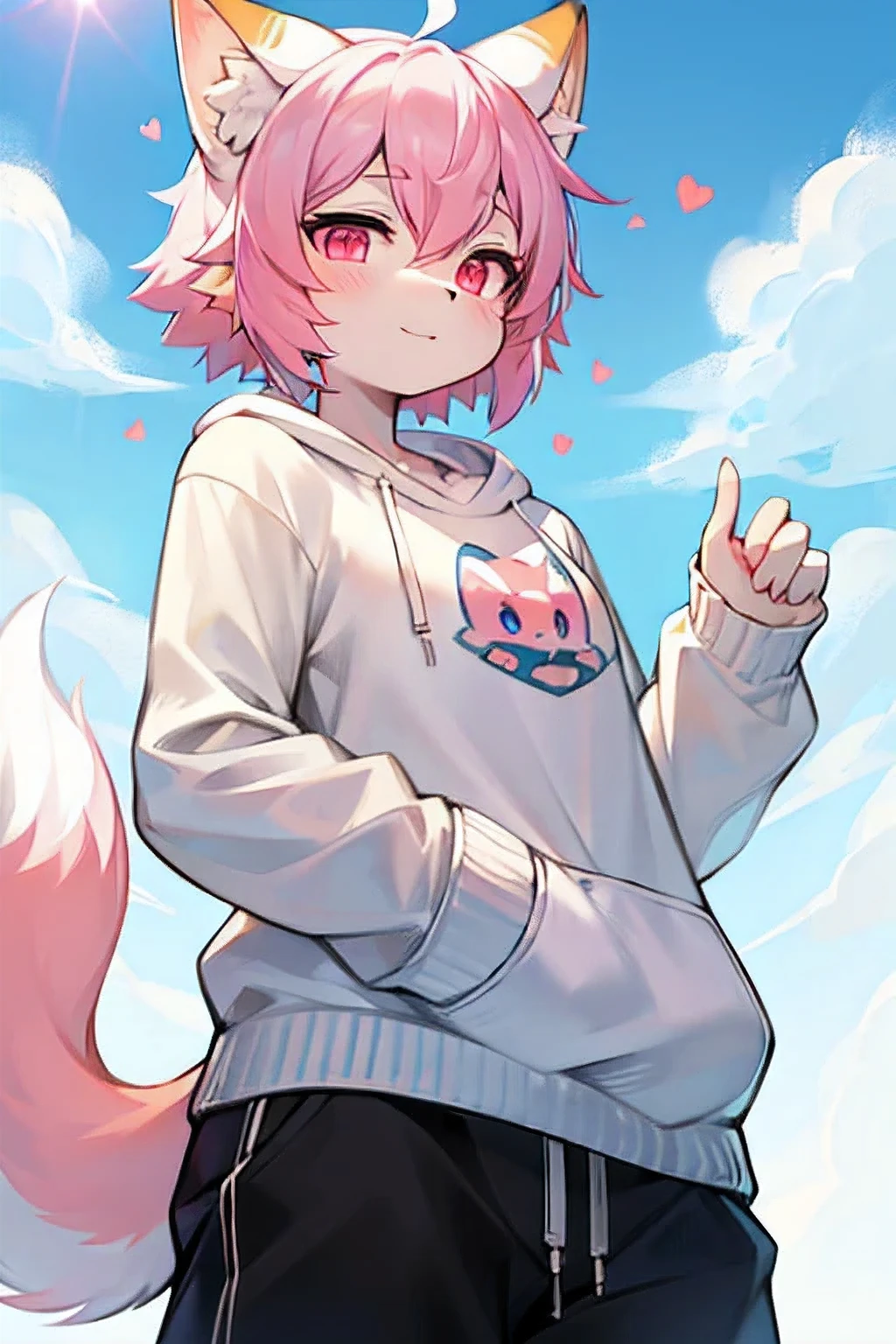 fox，hairy，hairy的，bust avatar，Colorful patterned white sweatshirt，black casual pants，white stripes，Q version，charming，minimalist art style，cartoon style，pink eyes，heart shaped eyes，happiness，happiness的，Ears with pink hair，There are white hairs on the tips of the ears，blue hair behind，The tail is white，pointed blue，Blue sky and white clouds，sunny