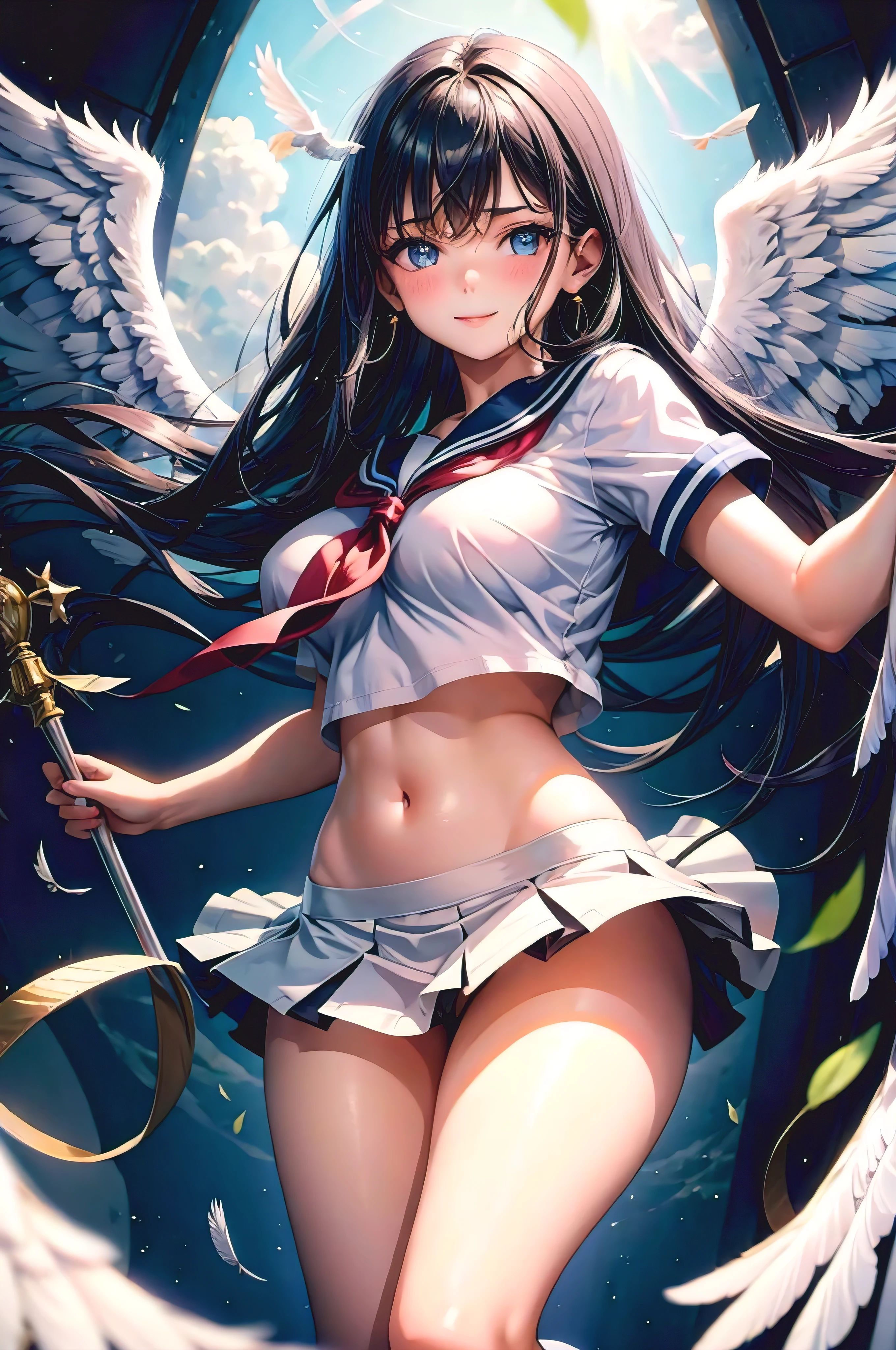 1 girl, 18-year-old, masterpiece, beautiful girl, Super detailed, highest quality, realistic, Transparent beauty, perfect face, detailed face, deep and fine eyes, sparkling eyes, (Shiny blue beautiful eyes with reflection), glossy black hair, Long straight floating hair, light smile, blush, school sailor uniform, serahuku, crop top, (Floating mini skirt), white knee high socks, (big breasts), feather wings,angel wings, white wings, shot from below, looking at the viewer, morning, grassland,