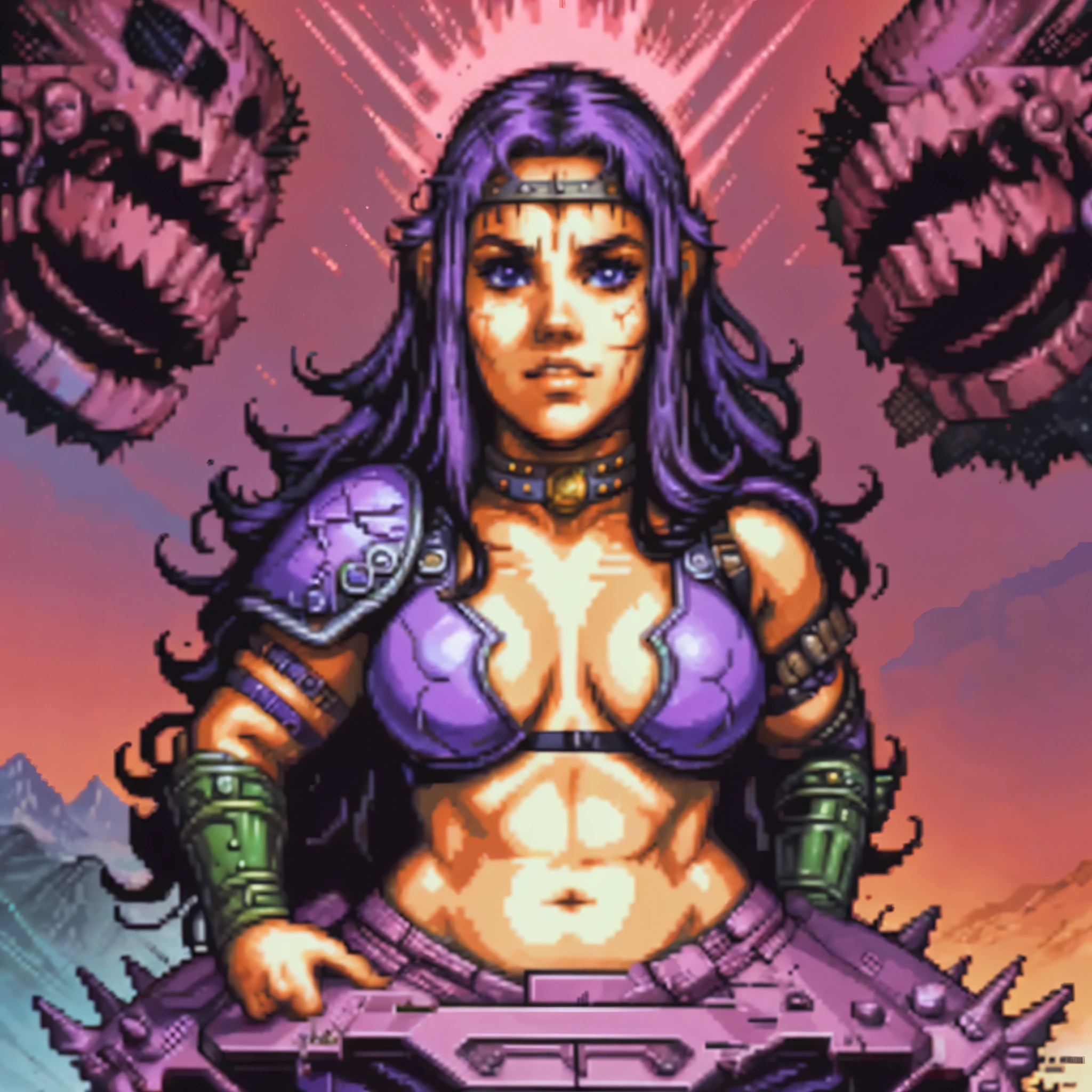 One barbarian girl, space-warrior girl, cyborg girl, beautiful bbw girl, chubby girl, woman-warrior, whole body, nude body, Perfect skin, space background, dark fantasy, Science fiction, 80s, 16-bit game, VHS era, planet in space background, purple lightning, psychedelic color background, smog, fog, swamp, girl in swamp, mad max style