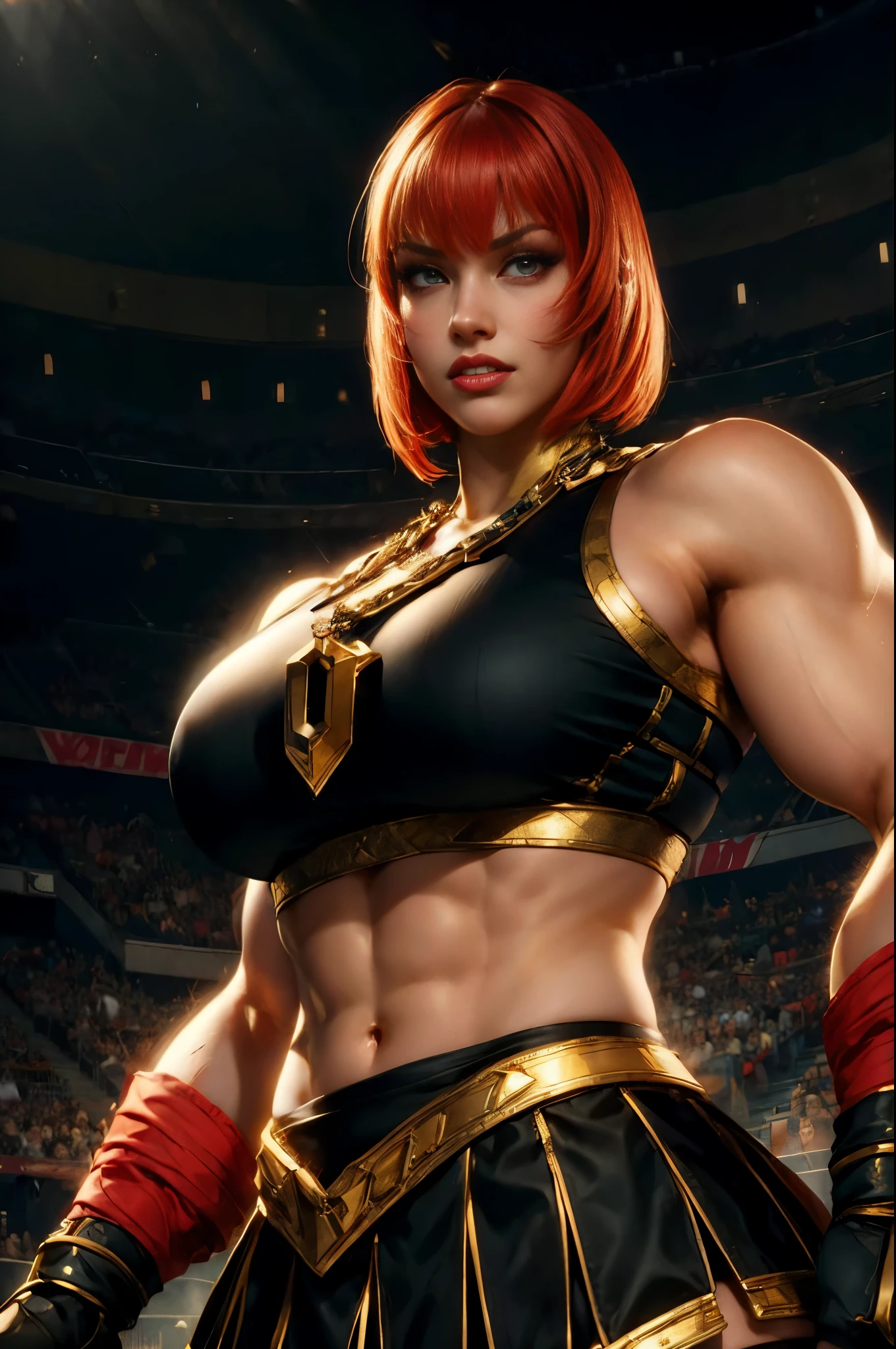 a woman in a black and gold outfit standing in a stadium, fighting game character, character from king of fighters, heavy gesture style closeup, iconic character splash art, alexstrasza, brigitte from overwatch, fierce expression 4k, lovely brigitte from overwatch, brigitte, strong and imposing, barbara hammer 4 k, cushart krenz key art feminine