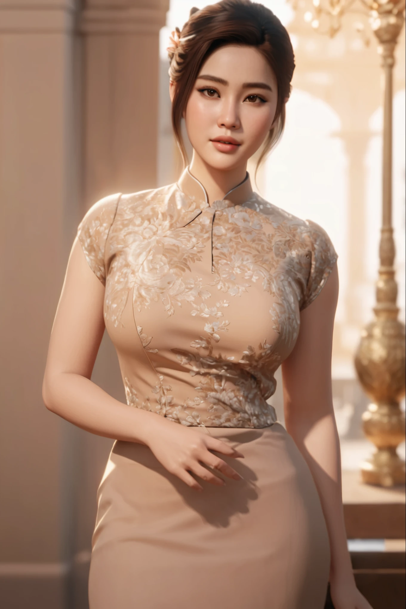 A realistic three-dimensional render of an elegant lady with brown hair,  showcasing intricately detailed skin texture and shadow, trending on Artstation with high-quality 8k resolution, acmm ss outfit, Myanmar,  Burmese,acmm ss outfit,1 girl