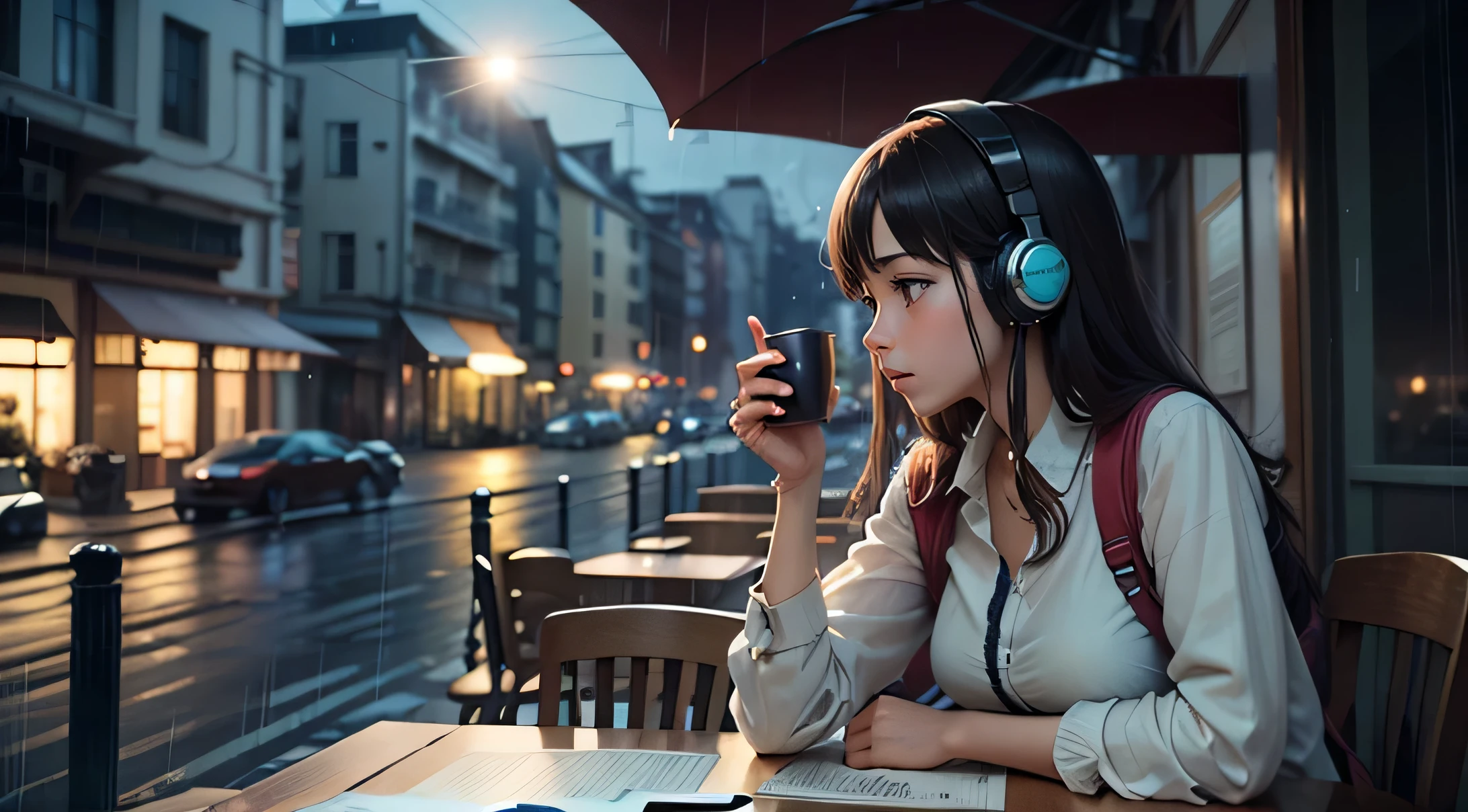It's the Ghibli background, and the female protagonist is looking forward and studying in a cafe with headphones. It's raining slowly outside.