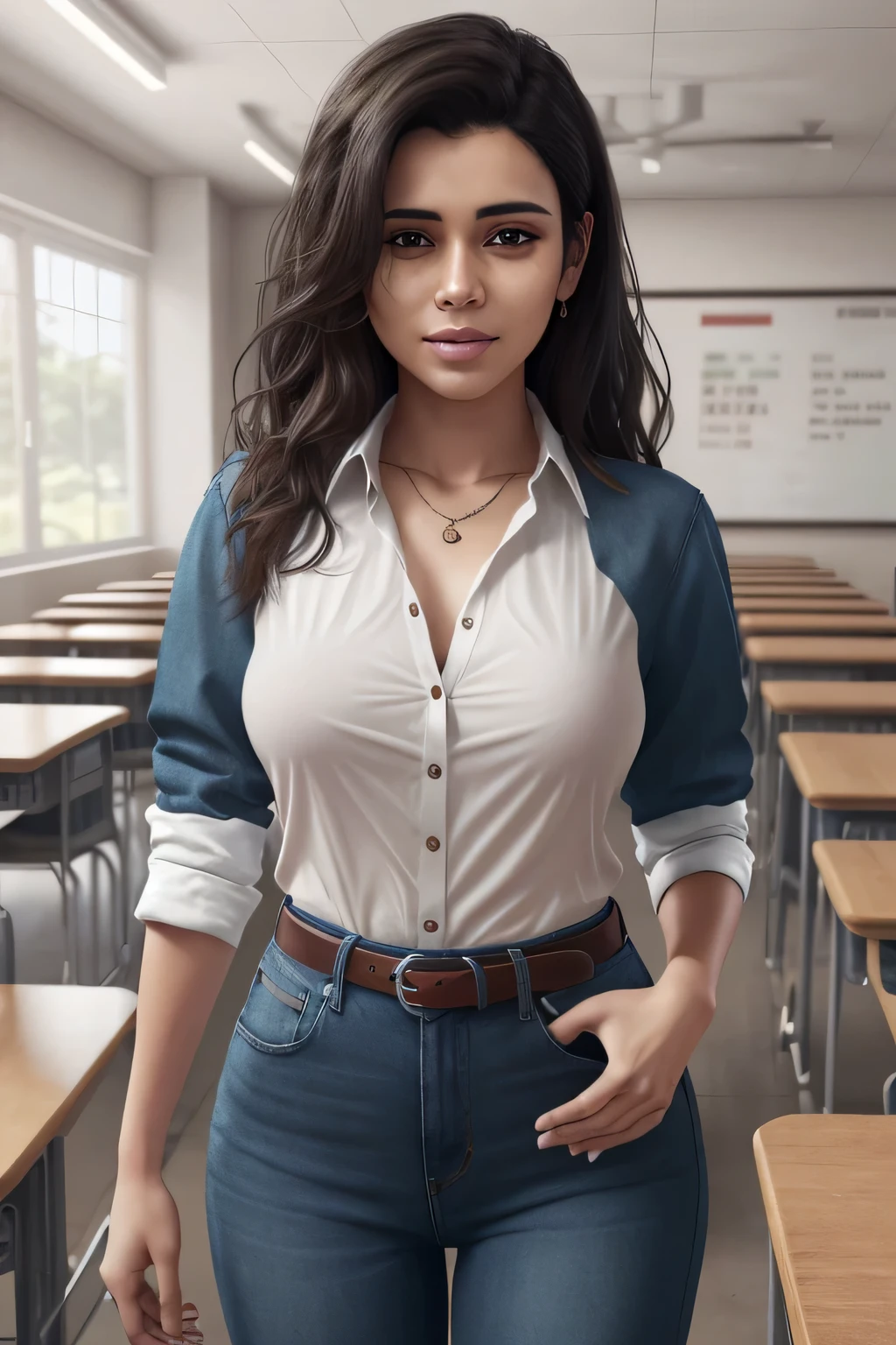 beautiful mature Indian girl 25 years old black hair with brown highlights, wavy hair, brown eyes, 36 inch breasts hidden, 34 inch hips, wearing formal clothing, button shirt,rolled sleeves, jeans, belt, looking at viewer, serious, smiling, medium shot, standing, inside a classroom, photorealistic, photo, masterpiece, realistic, realism, photorealism, high contrast, photorealistic digital art trending on Artstation 8k HD high definition detailed realistic, detailed, skin texture, hyper detailed, realistic skin texture, armature, best quality, ultra high res, (photorealistic:1.4), high resolution, detailed, f1.6 lens rich colors hyper realistic lifelike texture dramatic lighting unrealengine. 