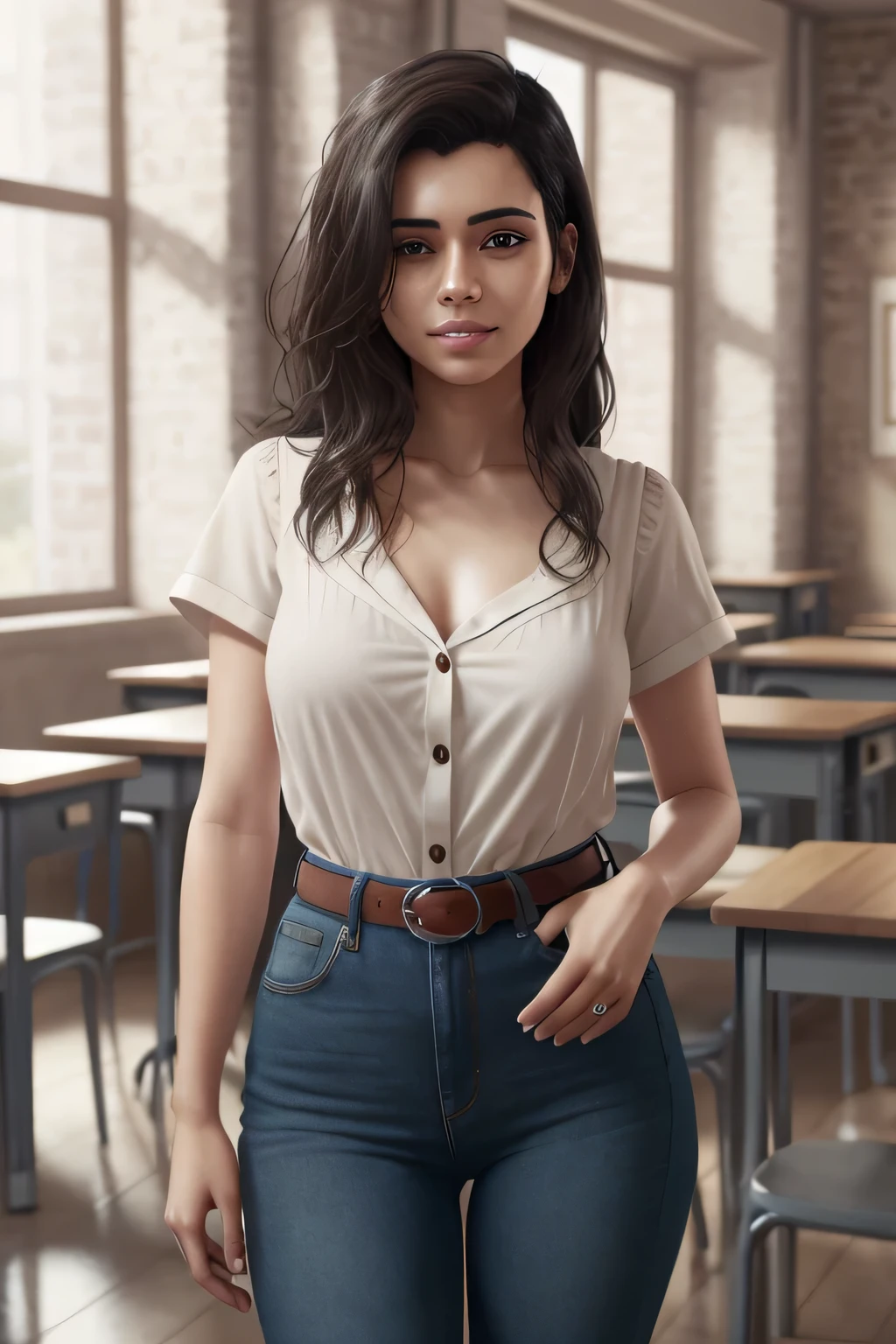 beautiful mature Indian girl 25 years old black hair with brown highlights, wavy hair, brown eyes, 36 inch breasts hidden, 34 inch hips, wearing formal clothing, button shirt,rolled sleeves, jeans, belt, looking at viewer, serious, smiling, medium shot, standing, inside a classroom, photorealistic, photo, masterpiece, realistic, realism, photorealism, high contrast, photorealistic digital art trending on Artstation 8k HD high definition detailed realistic, detailed, skin texture, hyper detailed, realistic skin texture, armature, best quality, ultra high res, (photorealistic:1.4), high resolution, detailed, f1.6 lens rich colors hyper realistic lifelike texture dramatic lighting unrealengine. 