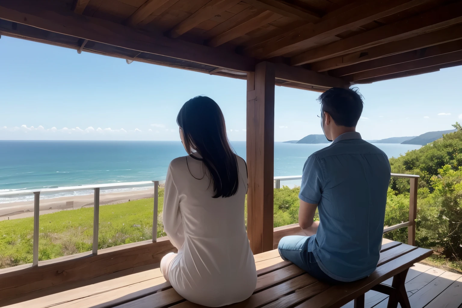 here are two people sitting on a bench looking out at the ocean, full shot of landscape, on the cliff, overlook the ocean, shot on 7 0 mm, shot on 70mm, looking over the horizon, sunny environment, Big, sitting, beginner, overlook, slide show, In a scenic environment, wide film still image, beautiful sunny day, couple, Lovers, couple,