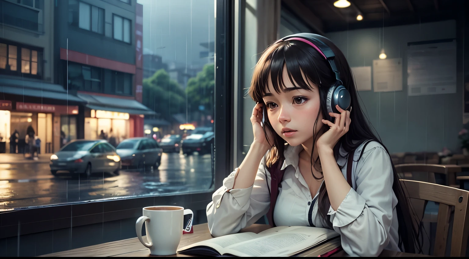 It's Ghibli's background, and the female protagonist is looking straight ahead and studying at a cafe with headphones on. It's raining slowly outside.