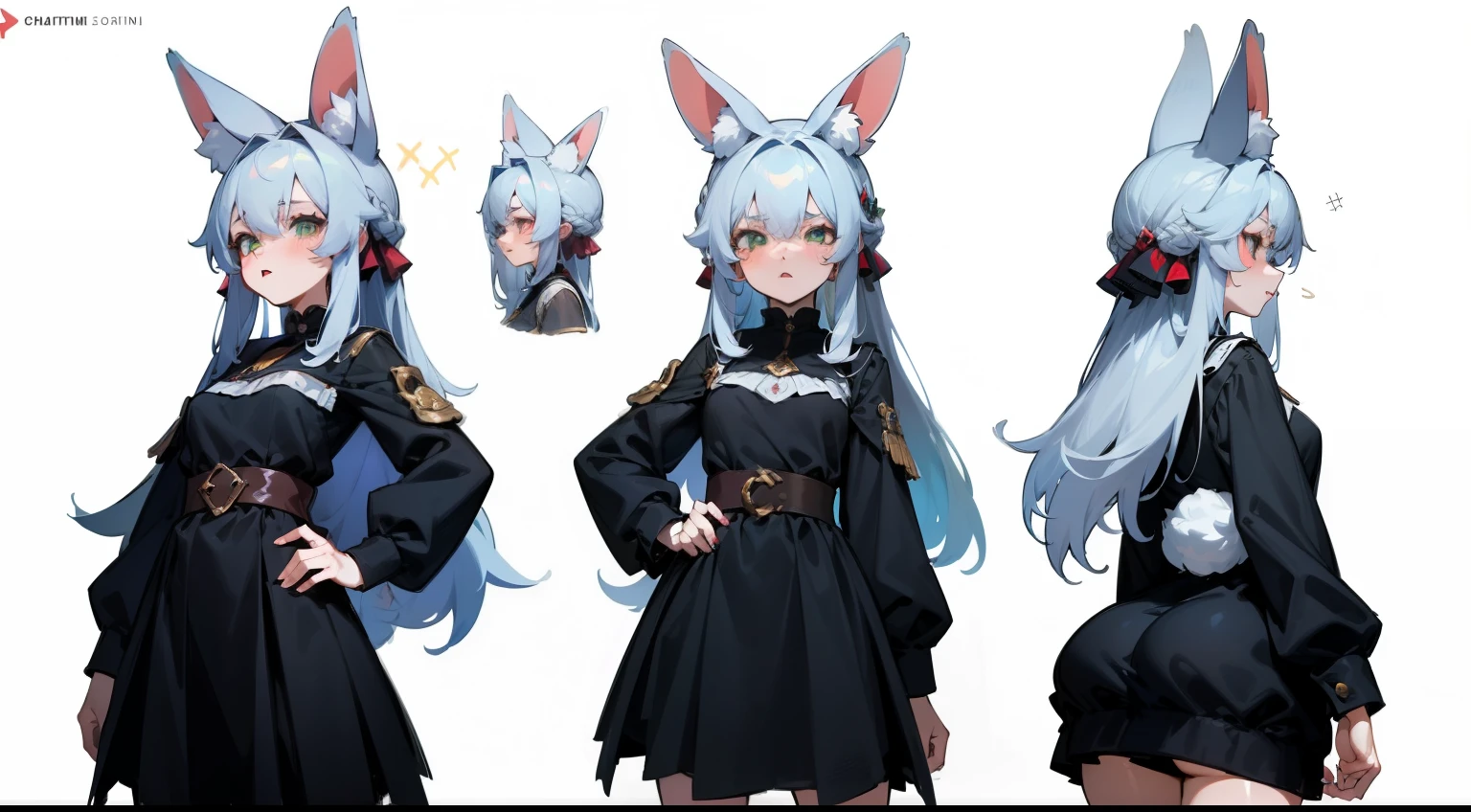 (Masterpiece, Highest quality)), ((Tsurime)),Detailed face, character sheets, full bodyesbian, 1girls,shoun，children's，Babe，green eyes, White hair, varied hairstyles, hair between eye, Black loose blouse, Full of details, poses and expressions, Highly detailed, Depth, Many parts  a graceful wild rabbit girl with silver hair, sparkling eyes, delicate skin, crimson lips, furry ears, fluffy tails, the seductive feral rabbit girl, close-up of her delicate face, plump crimson lips, hypnotic eyes, furry rabbit ears, determined expression