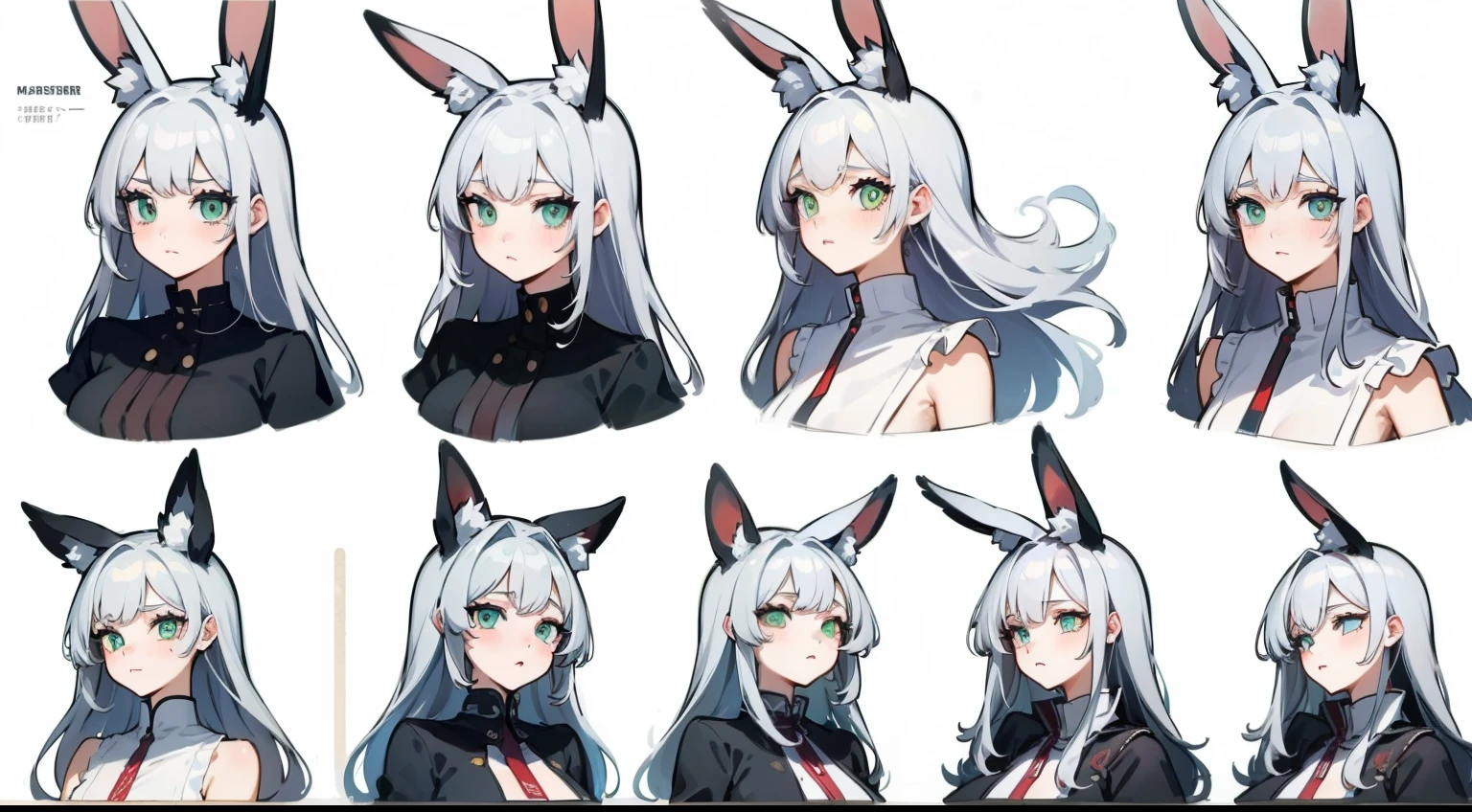 ((Masterpiece, Highest quality)), ((Tsurime)),Detailed face, character sheets, full bodyesbian, 1girls,shoun，children's，Babe，green eyes, White hair, hair between eye,Black loose blouse, Full of details, Multiple poses and expressions, Highly detailed, Depth, Many parts a graceful wild rabbit girl with silver hair, sparkling eyes, delicate skin, crimson lips, furry ears, fluffy tails,