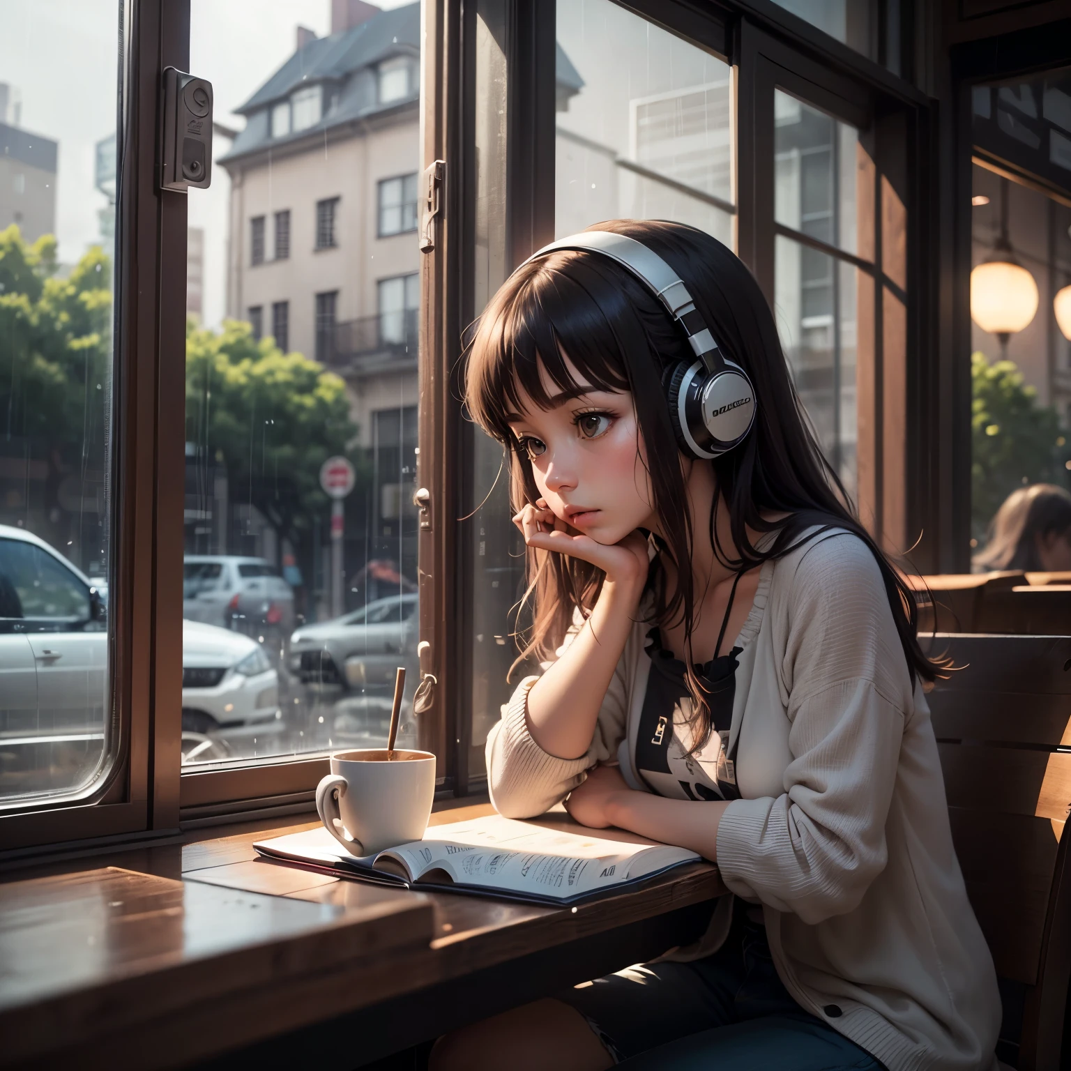 It's Ghibli's background, and the female protagonist is looking straight ahead and studying at a cafe with headphones on. It's raining slowly outside.