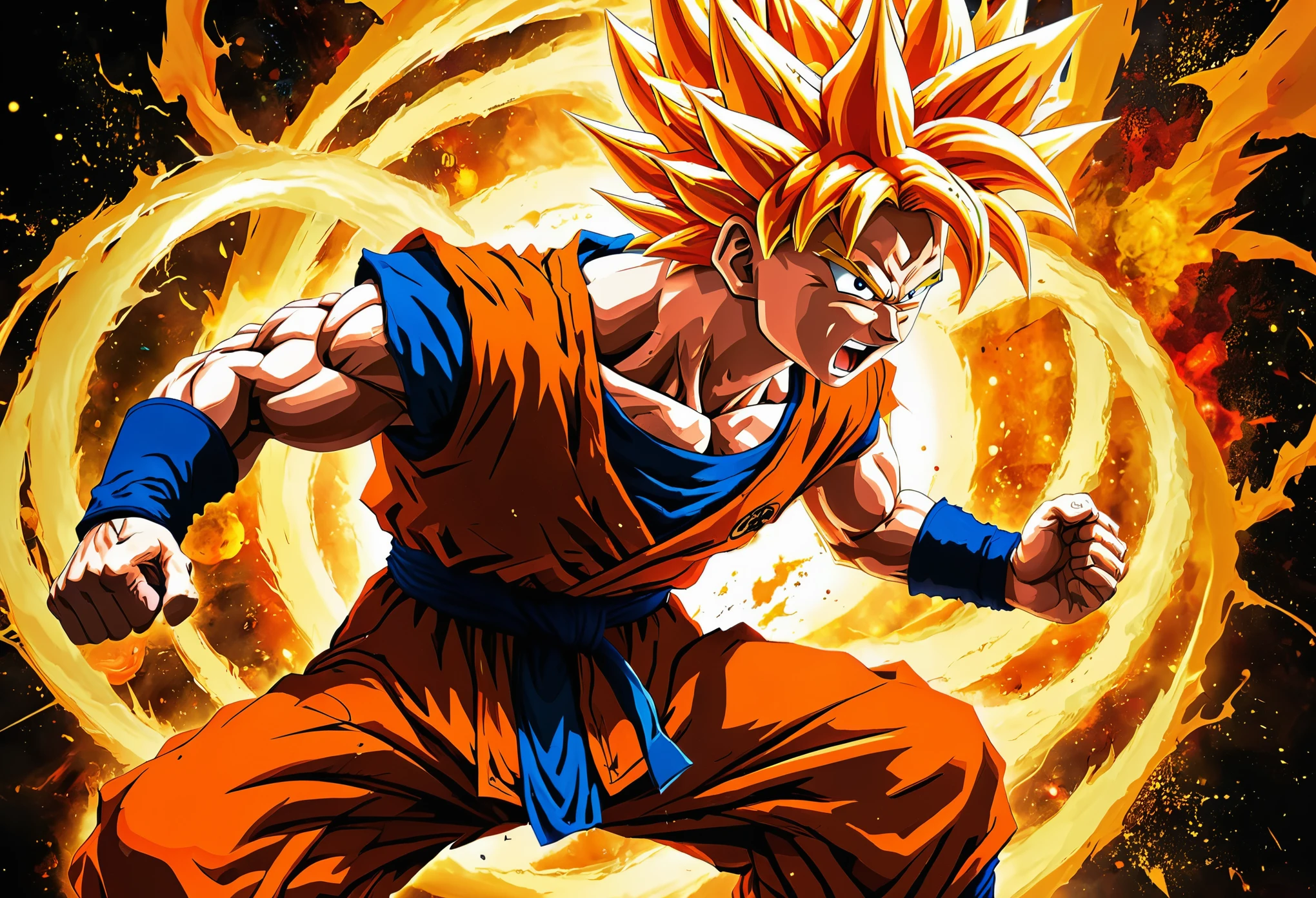Create an image of Goku, the iconic dragon ball Z character, in an epic battle scene, using bold dynamic colors and dramatic shadowing to highlight his powerful muscles and intense determination. The background consists of a chaotic swirl of energy radiating from his body, with other anime and comic book characters clashing around him. Goku's iconic orange gi and POP culture-revered aura should be visually striking and symbolic of his inner strength. Inspired by Akira Toriyama's unique anime & comic book style, capture the wild, eccentric essence and energy of the dragon ball Z universe.