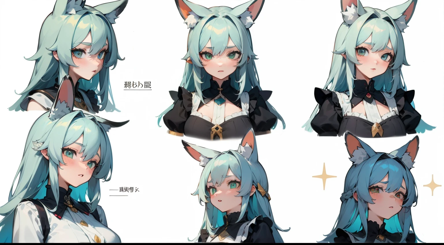 (Masterpiece, Highest quality)), ((Tsurime)),Detailed face, character sheets, full bodyesbian, 1girls,shoun，children's，Babe，green eyes, White hair, varied hairstyles, hair between eye, Black loose blouse, Full of details, poses and expressions, Highly detailed, Depth, Many parts  a graceful wild rabbit girl with silver hair, sparkling eyes, delicate skin, crimson lips, furry ears, fluffy tails,